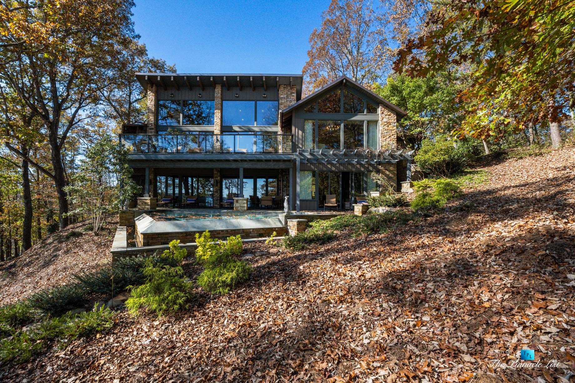 7860 Chestnut Hill Rd, Cumming, GA, USA - Pool View - Luxury Real Estate - Lake Lanier Mid-Century Modern Stone Home