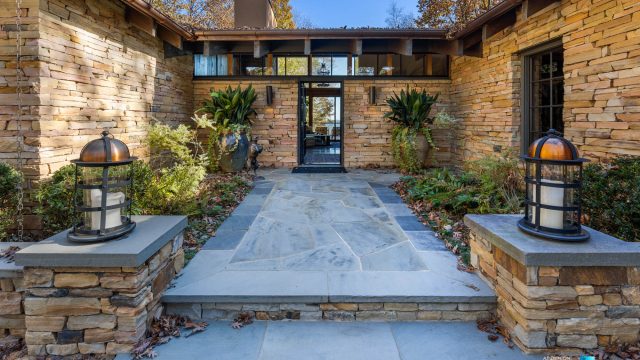 7860 Chestnut Hill Rd, Cumming, GA, USA - Front Entrance - Luxury Real Estate - Lake Lanier Mid-Century Modern Stone Home