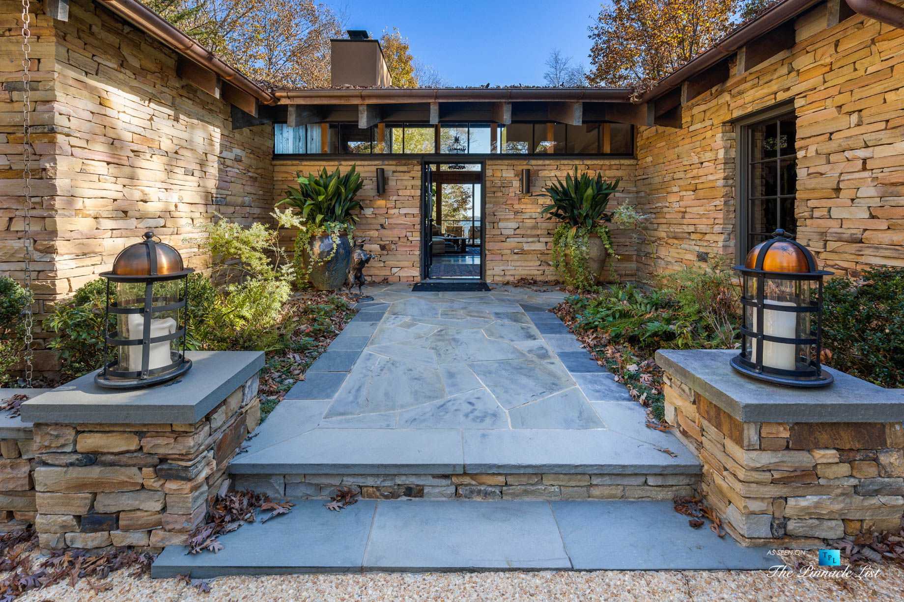 7860 Chestnut Hill Rd, Cumming, GA, USA - Front Entrance - Luxury Real Estate - Lake Lanier Mid-Century Modern Stone Home
