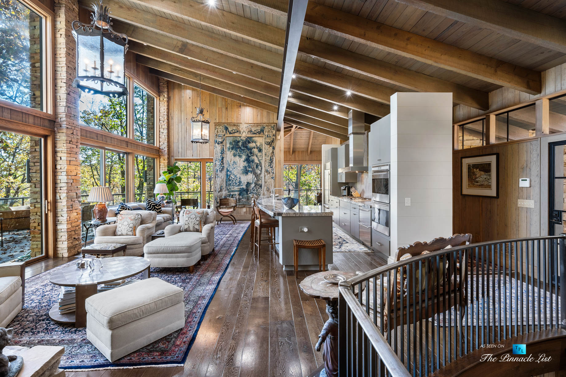 7860 Chestnut Hill Rd, Cumming, GA, USA - Living Room and Kitchen - Luxury Real Estate - Lake Lanier Mid-Century Modern Stone Home