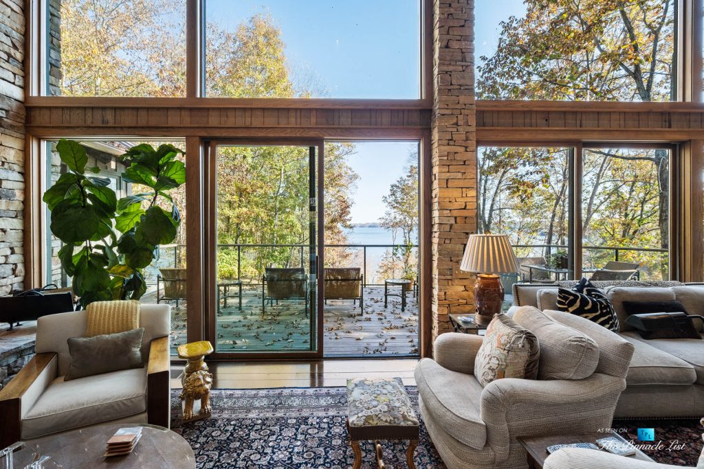 7860 Chestnut Hill Rd, Cumming, GA, USA - Living Room Lake View - Luxury Real Estate - Lake Lanier Mid-Century Modern Stone Home