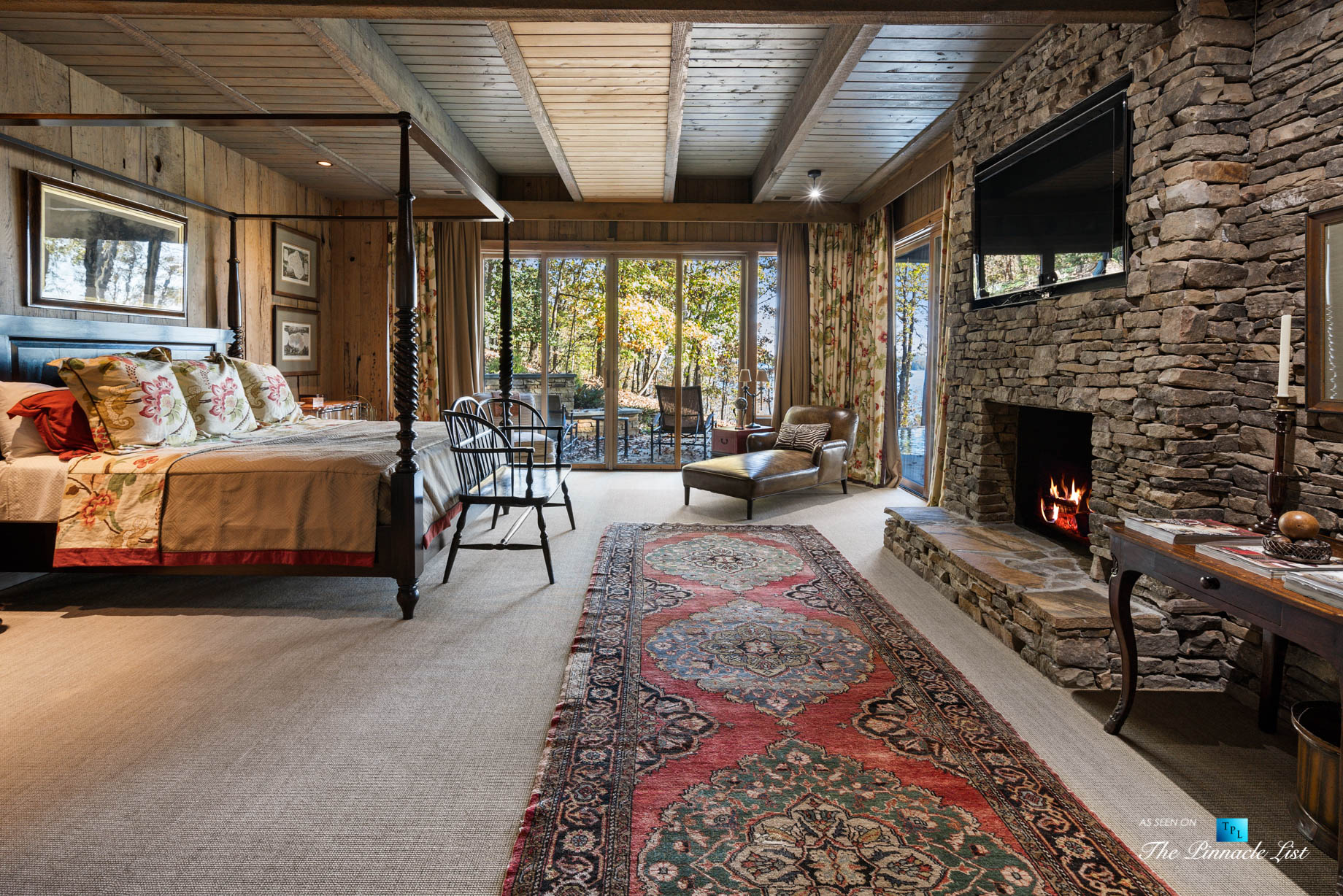 7860 Chestnut Hill Rd, Cumming, GA, USA – Bedroom Fireplace – Luxury Real Estate – Lake Lanier Mid-Century Modern Stone Home