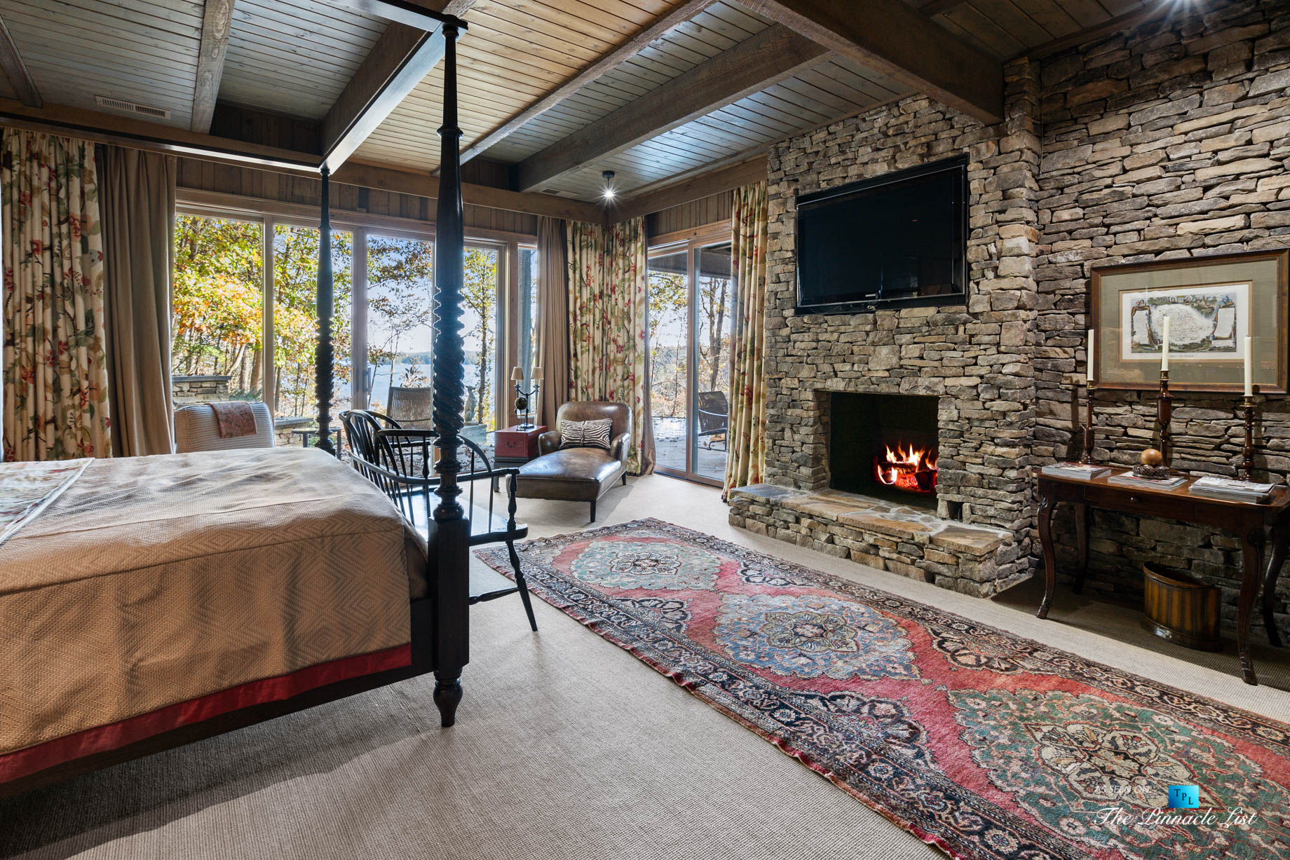 7860 Chestnut Hill Rd, Cumming, GA, USA – Bedroom Fireplace – Luxury Real Estate – Lake Lanier Mid-Century Modern Stone Home