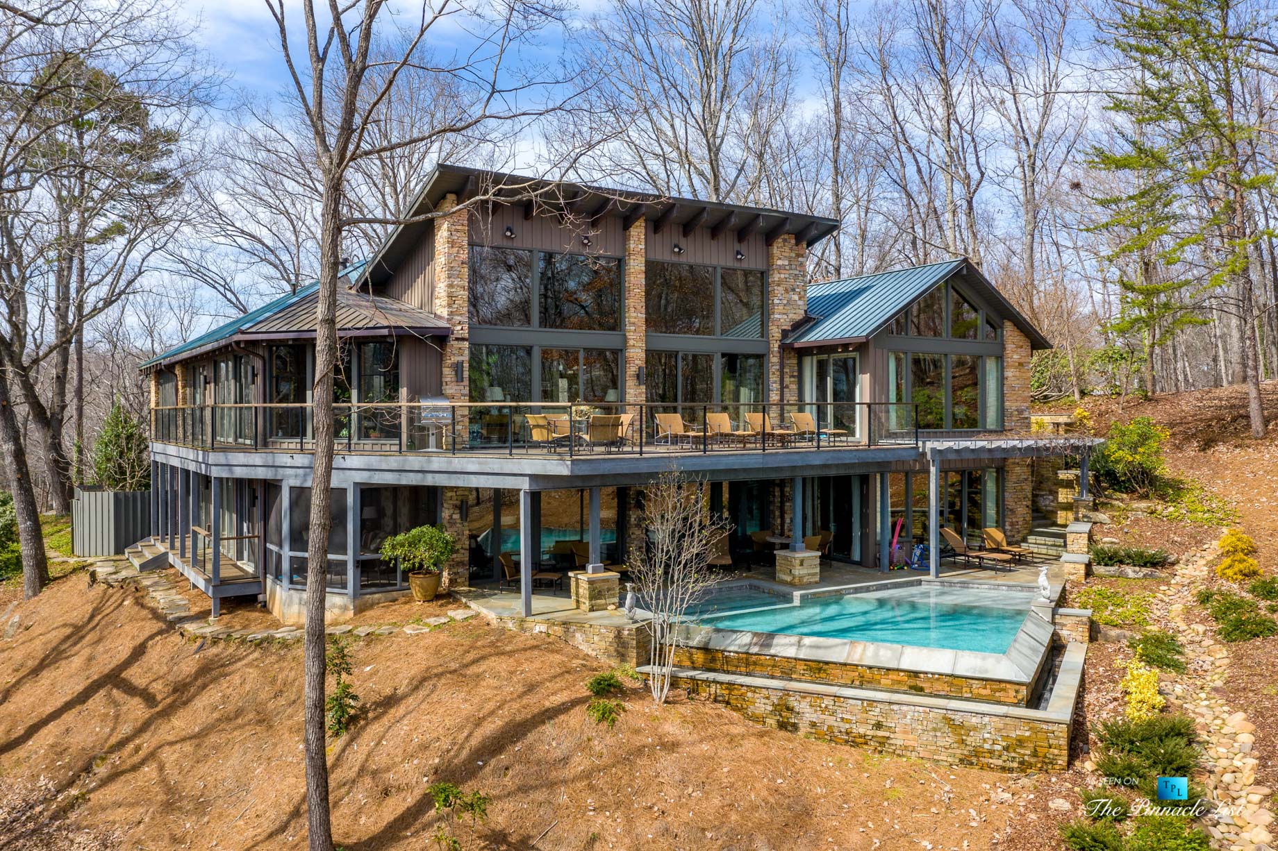 7860 Chestnut Hill Rd, Cumming, GA, USA - Exterior Deck and Pool - Luxury Real Estate - Lake Lanier Mid-Century Modern Stone Home