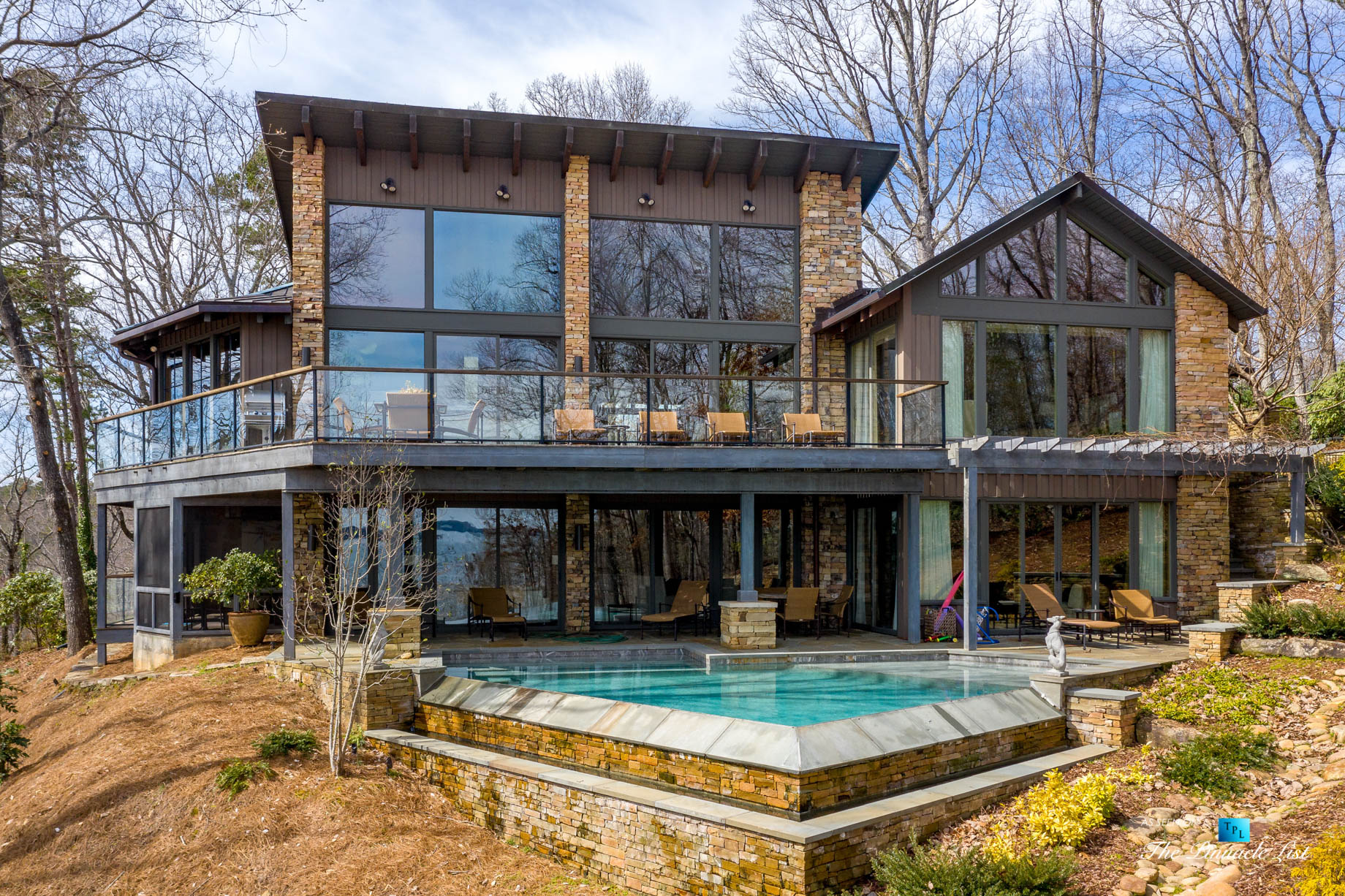 7860 Chestnut Hill Rd, Cumming, GA, USA - Exterior Deck and Pool - Luxury Real Estate - Lake Lanier Mid-Century Modern Stone Home
