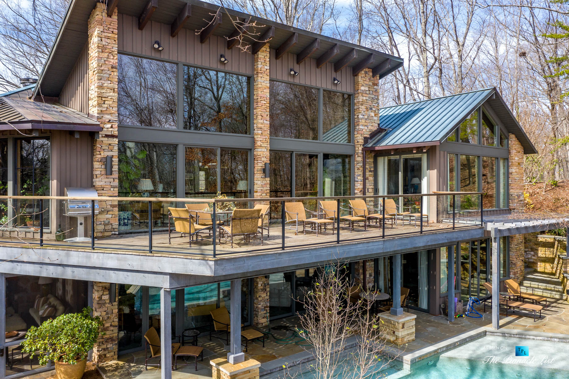 7860 Chestnut Hill Rd, Cumming, GA, USA - Exterior Deck - Luxury Real Estate - Lake Lanier Mid-Century Modern Stone Home