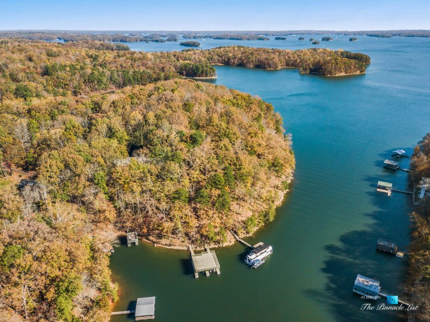 7860 Chestnut Hill Rd, Cumming, GA, USA - Drone Aerial Lake View - Luxury Real Estate - Lake Lanier Mid-Century Modern Stone Home