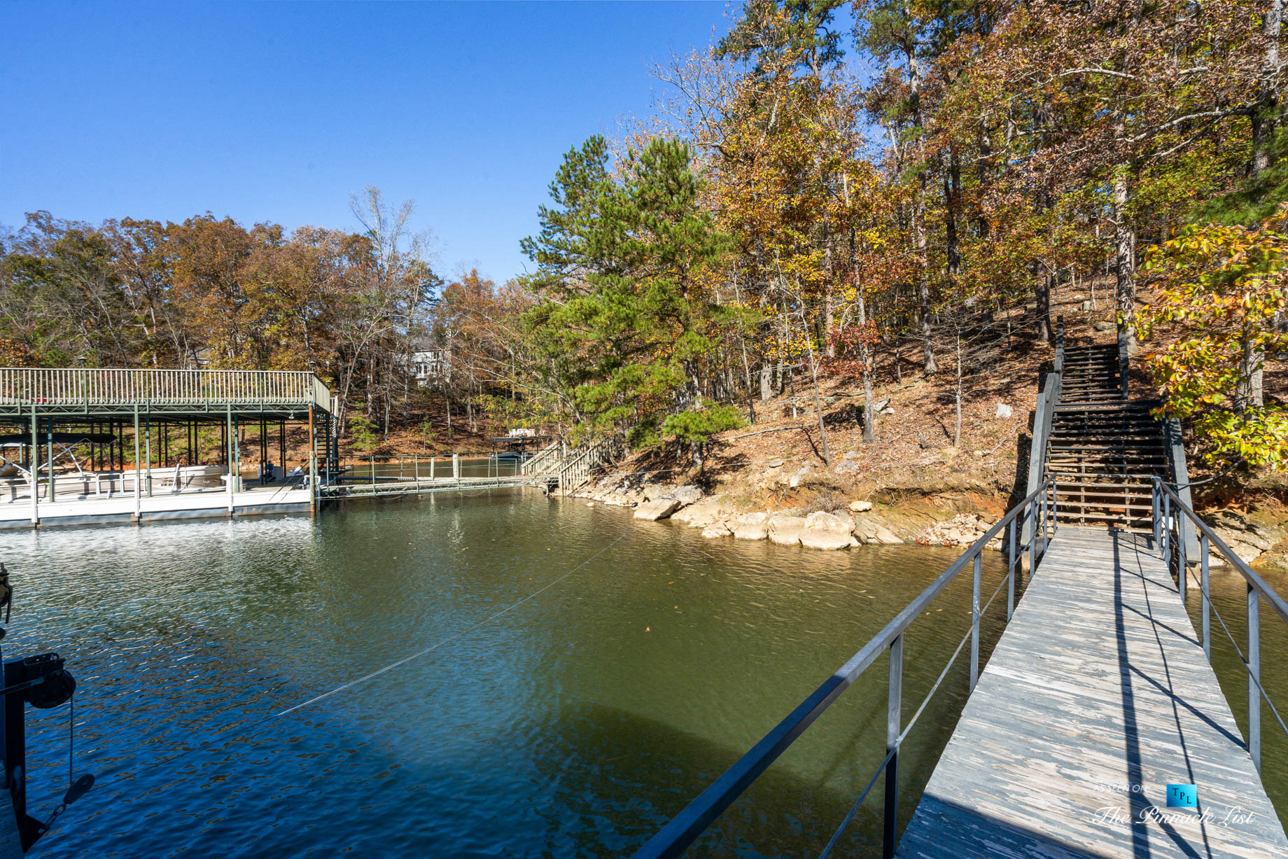 7860 Chestnut Hill Rd, Cumming, GA, USA - Walkway to Private Dock with Sundeck - Luxury Real Estate - Lake Lanier Mid-Century Modern Stone Home