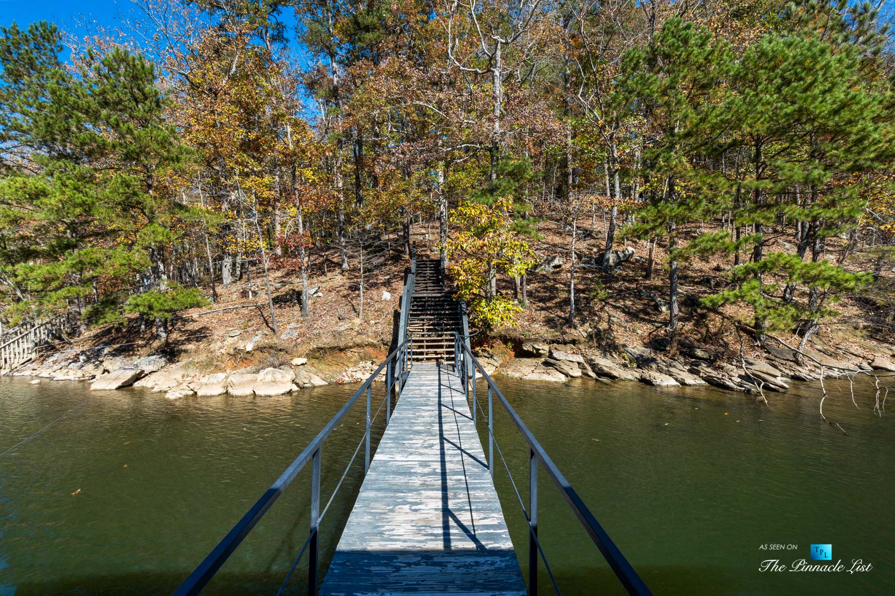 7860 Chestnut Hill Rd, Cumming, GA, USA - Walkway to Private Dock with Sundeck - Luxury Real Estate - Lake Lanier Mid-Century Modern Stone Home