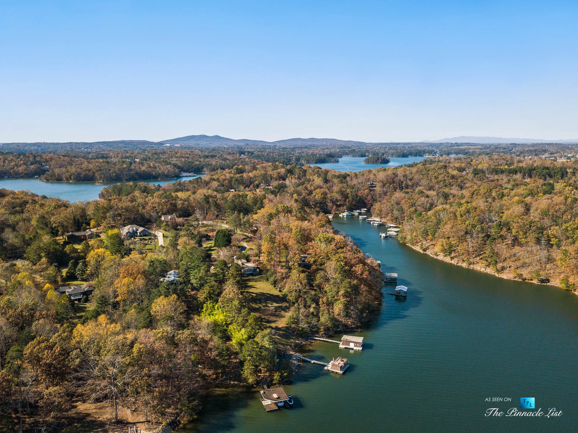 7860 Chestnut Hill Rd, Cumming, GA, USA - Drone Aerial Lake View - Luxury Real Estate - Lake Lanier Mid-Century Modern Stone Home
