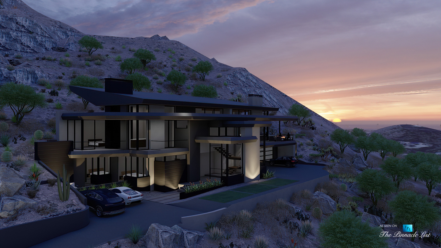5221 E Cheney Dr, Paradise Valley, AZ, USA – Exterior Front Sunset View – Luxury Real Estate – Modern Hillside Home