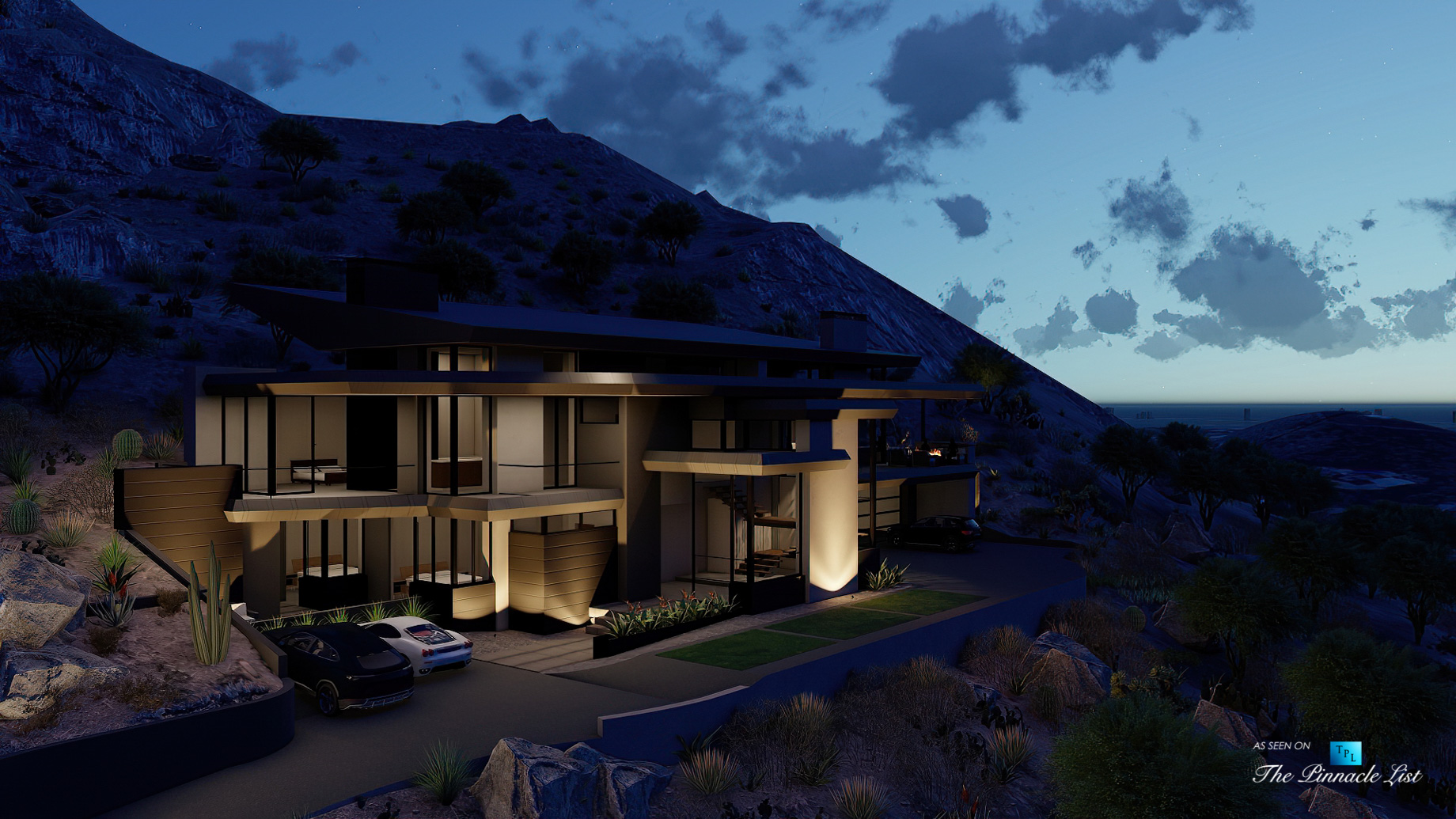 5221 E Cheney Dr, Paradise Valley, AZ, USA – Exterior Front Night View – Luxury Real Estate – Modern Hillside Home