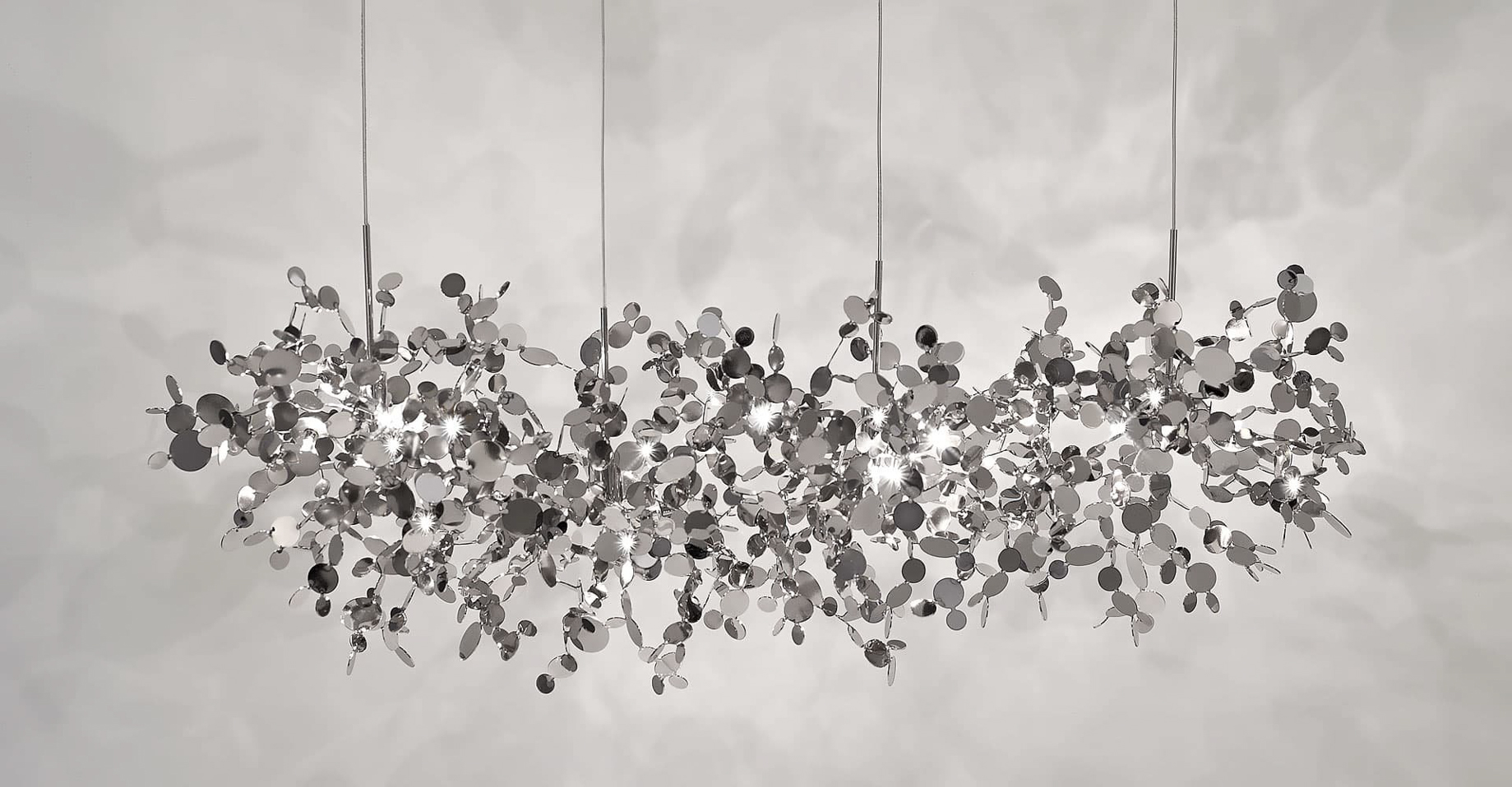 A Precious Cloud Sculpture of Light - Argent Fixtures by Terzani Lighting Italy - 4 Element Linear Suspension Silver