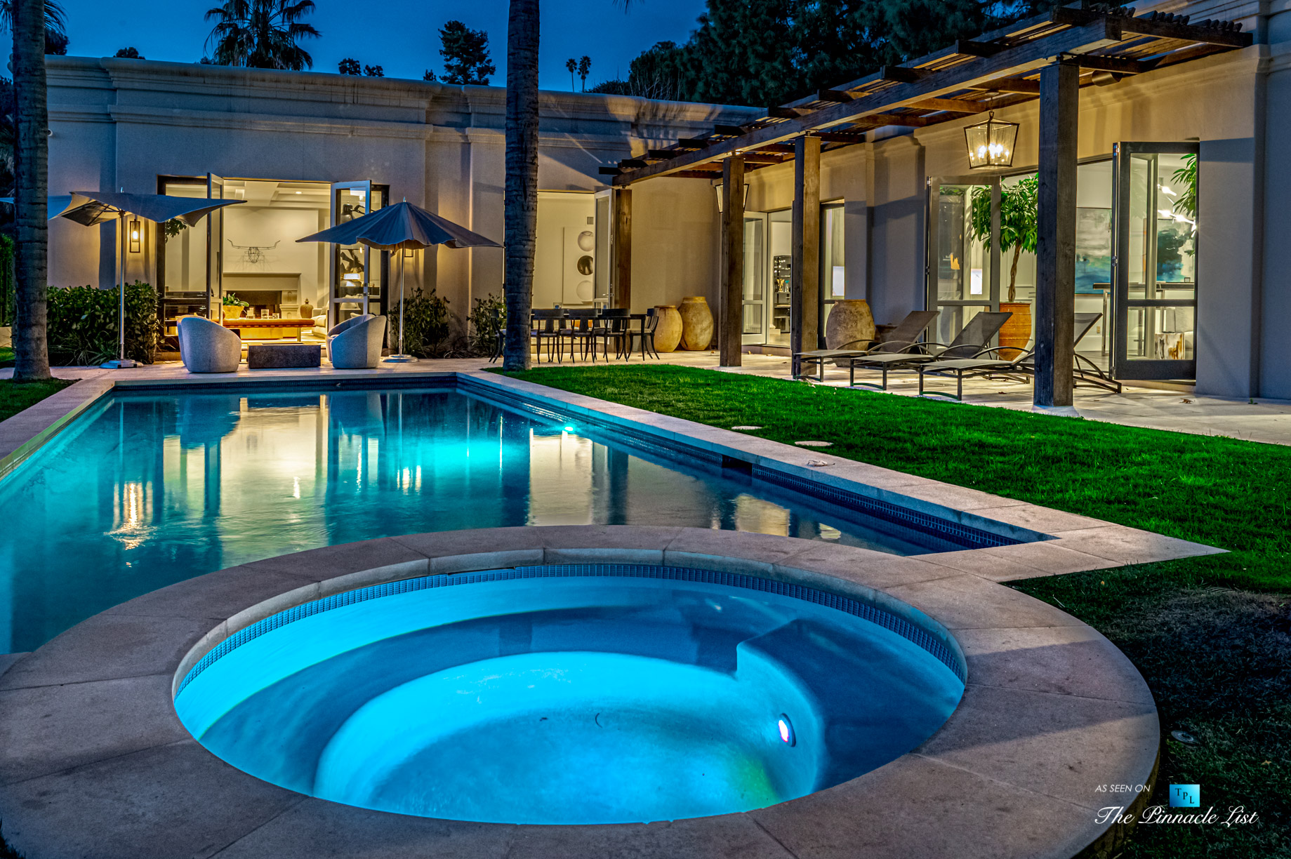 2720 Ellison Dr, Beverly Hills, CA, USA – Exterior Hot Tub at Night – Luxury Real Estate – Italian Villa Hilltop Home