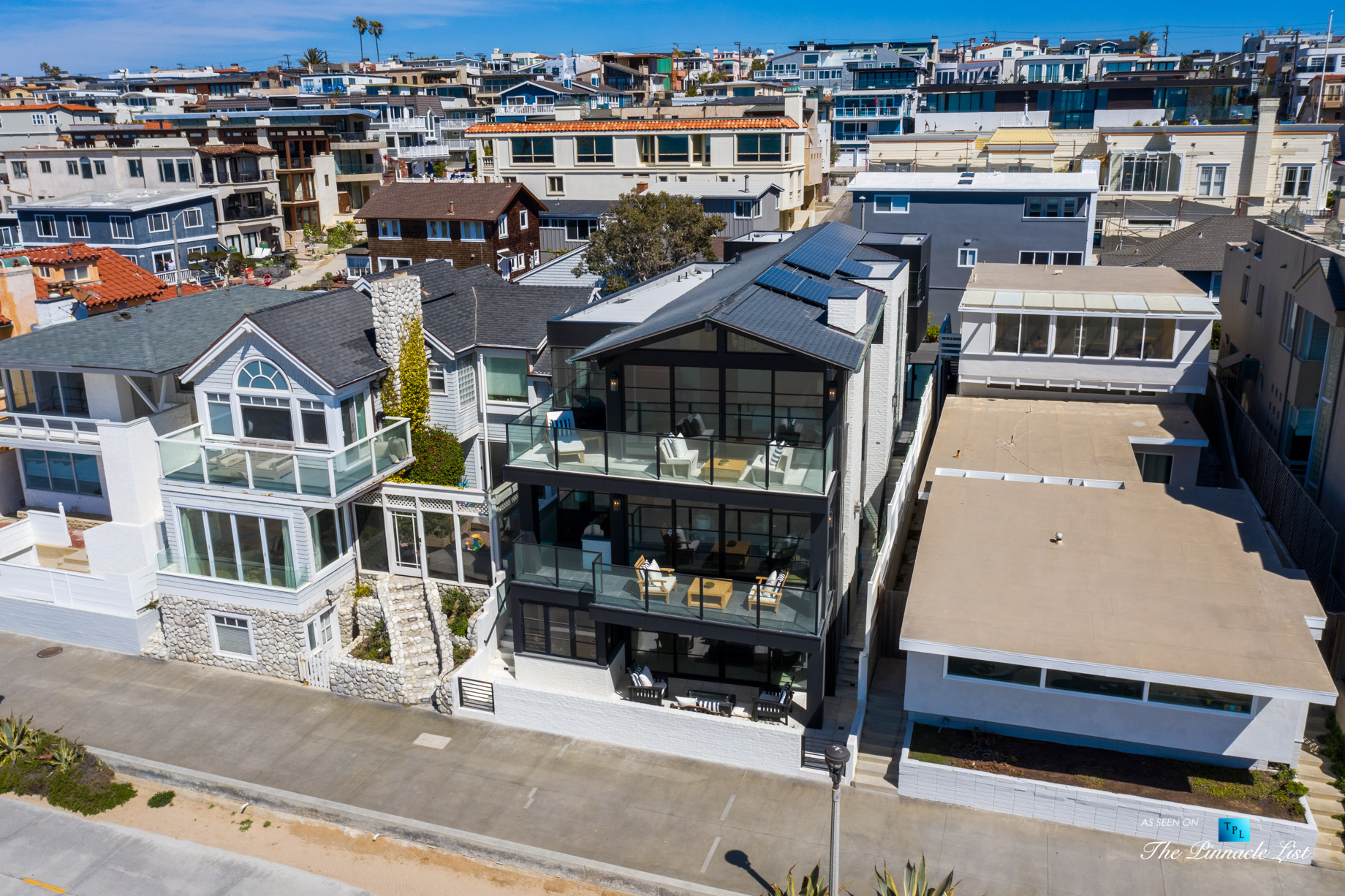 508 The Strand, Manhattan Beach, CA, USA - Exterior Front Balcony Drone View - Luxury Real Estate - Oceanfront Home