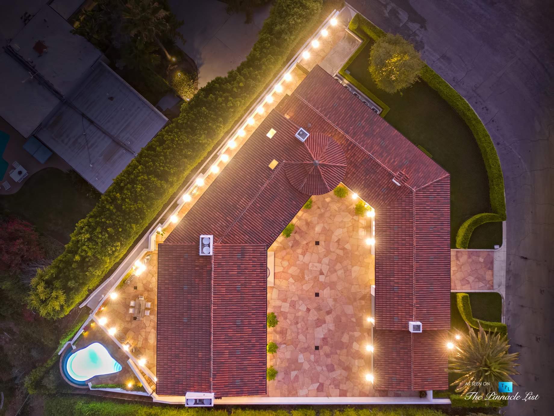 Hollywood Hills Luxury Estate – 9240 Robin Dr, Los Angeles, CA, USA – Night Overhead Aerial View
