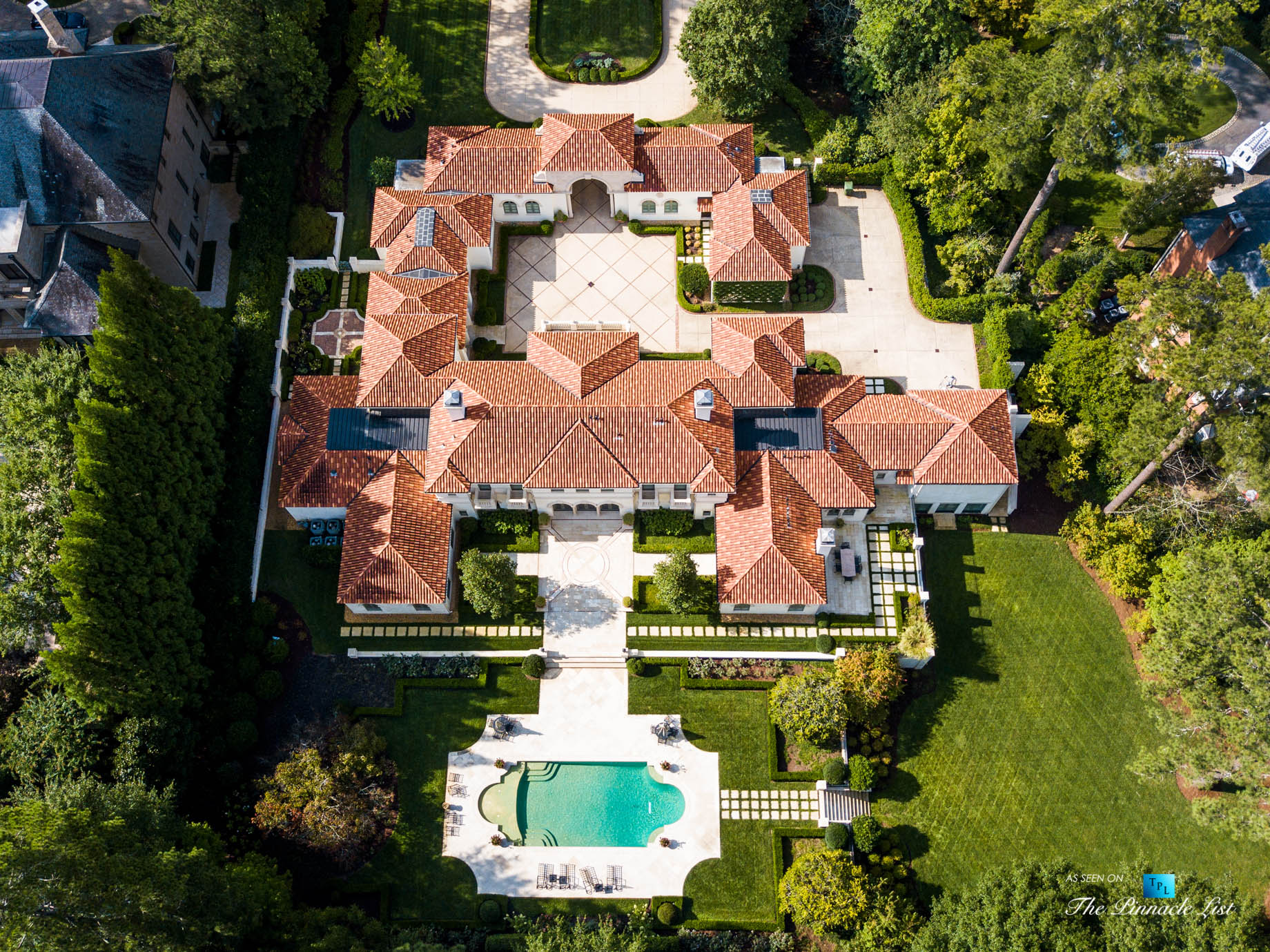 Tuxedo Park Mediterranean Estate – 439 Blackland Rd NW, Atlanta, GA, USA – Aerial Backyard Property View