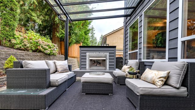 2366 Sunnyside Rd, Anmore, BC, Canada - Exterior Back Covered Deck Fireplace