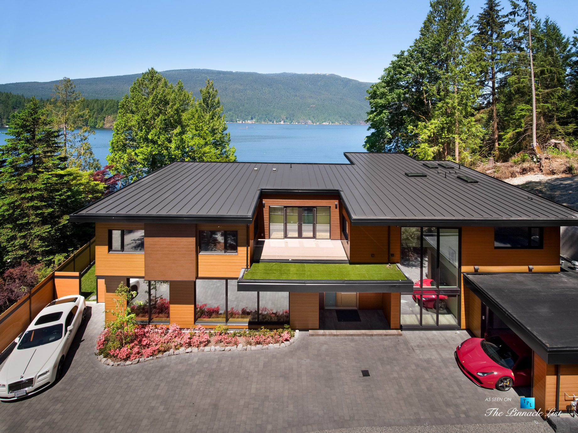 3350 Watson Rd, Belcarra, BC, Canada – Vancouver Luxury Real Estate – Modern Oceanfront Architectural Home with Red Ferrari and White Rolls-Royce