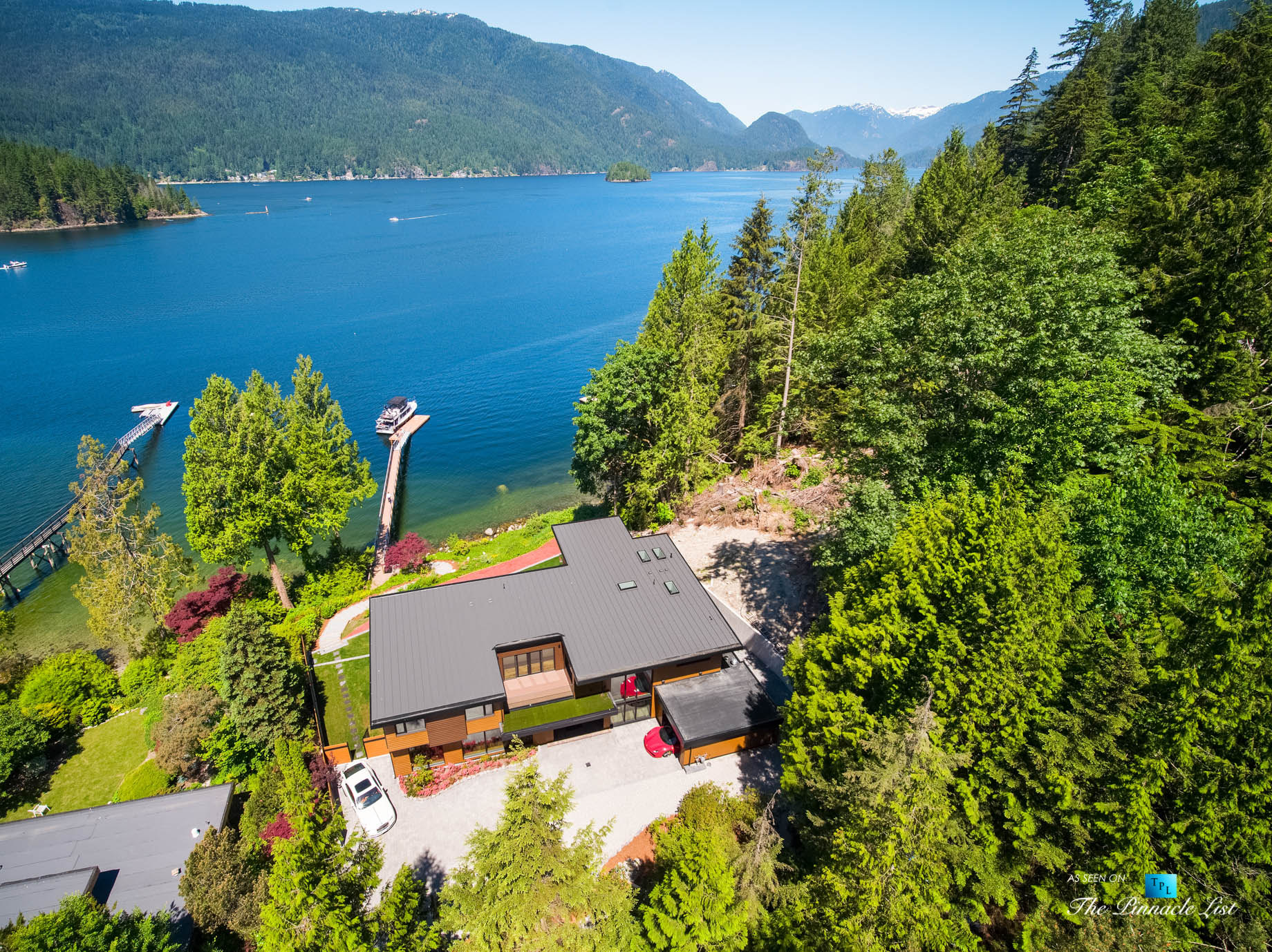 3350 Watson Rd, Belcarra, BC, Canada - Vancouver Luxury Real Estate - Modern Oceanfront Architectural Home with Red Ferrari and White Rolls-Royce Aerial View