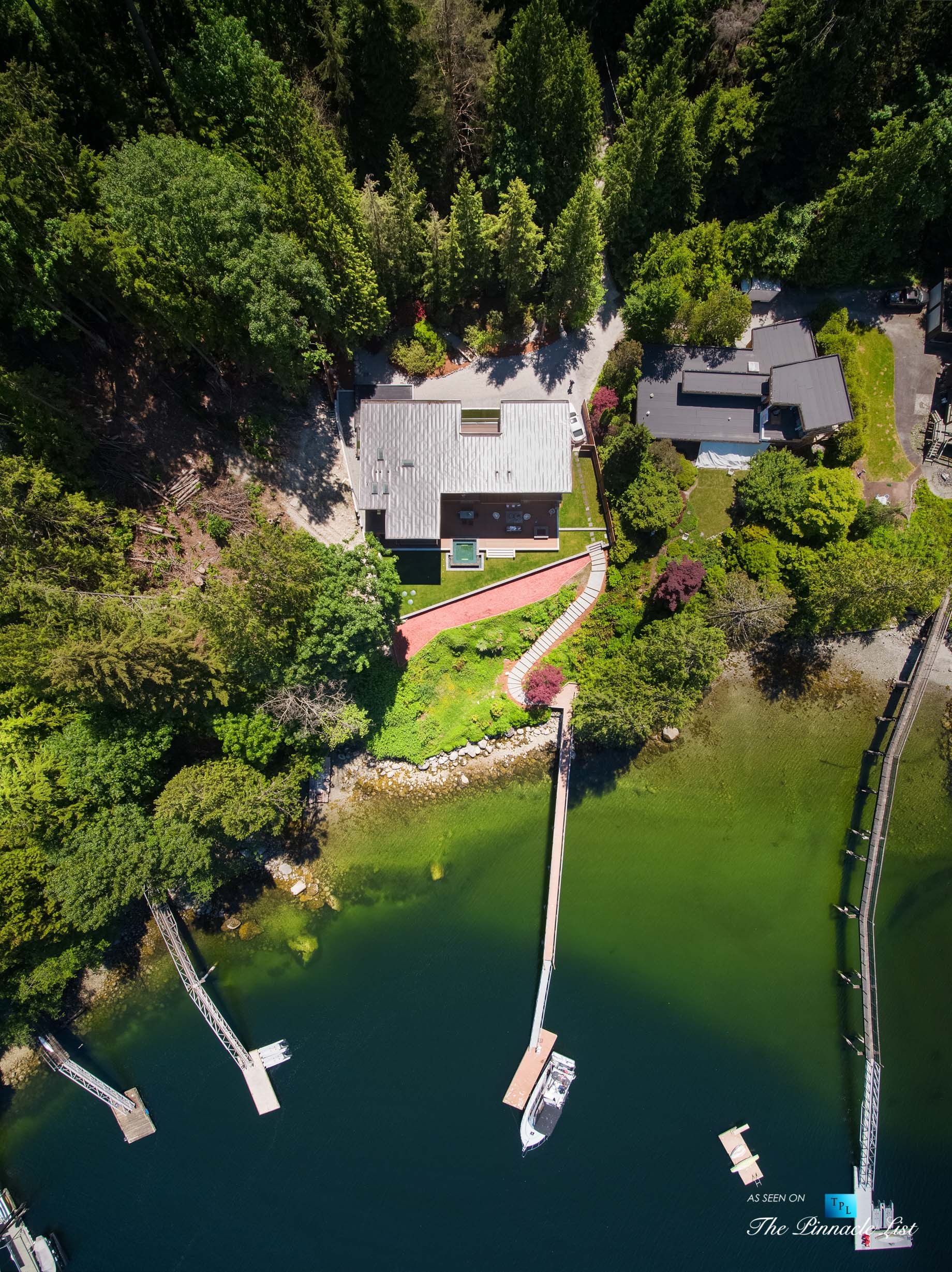3350 Watson Rd, Belcarra, BC, Canada - Vancouver Luxury Real Estate - Modern Indoor Ourdoor Living Oceanfront Home with Private Dock Overhead Aerial View