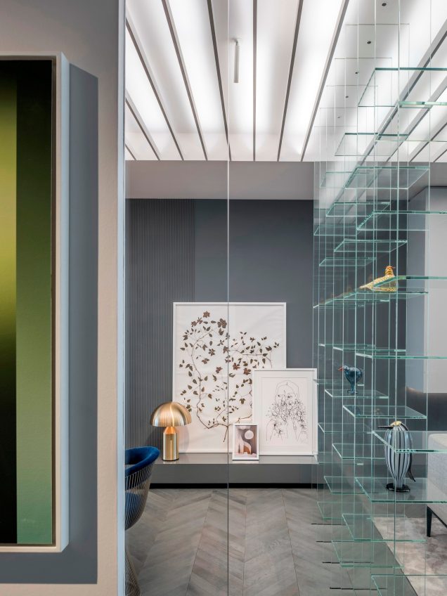 Shades of Grey Apartment Interior Design Shanghai, China - Ippolito Fleitz Group - Hanging Glass Shelves