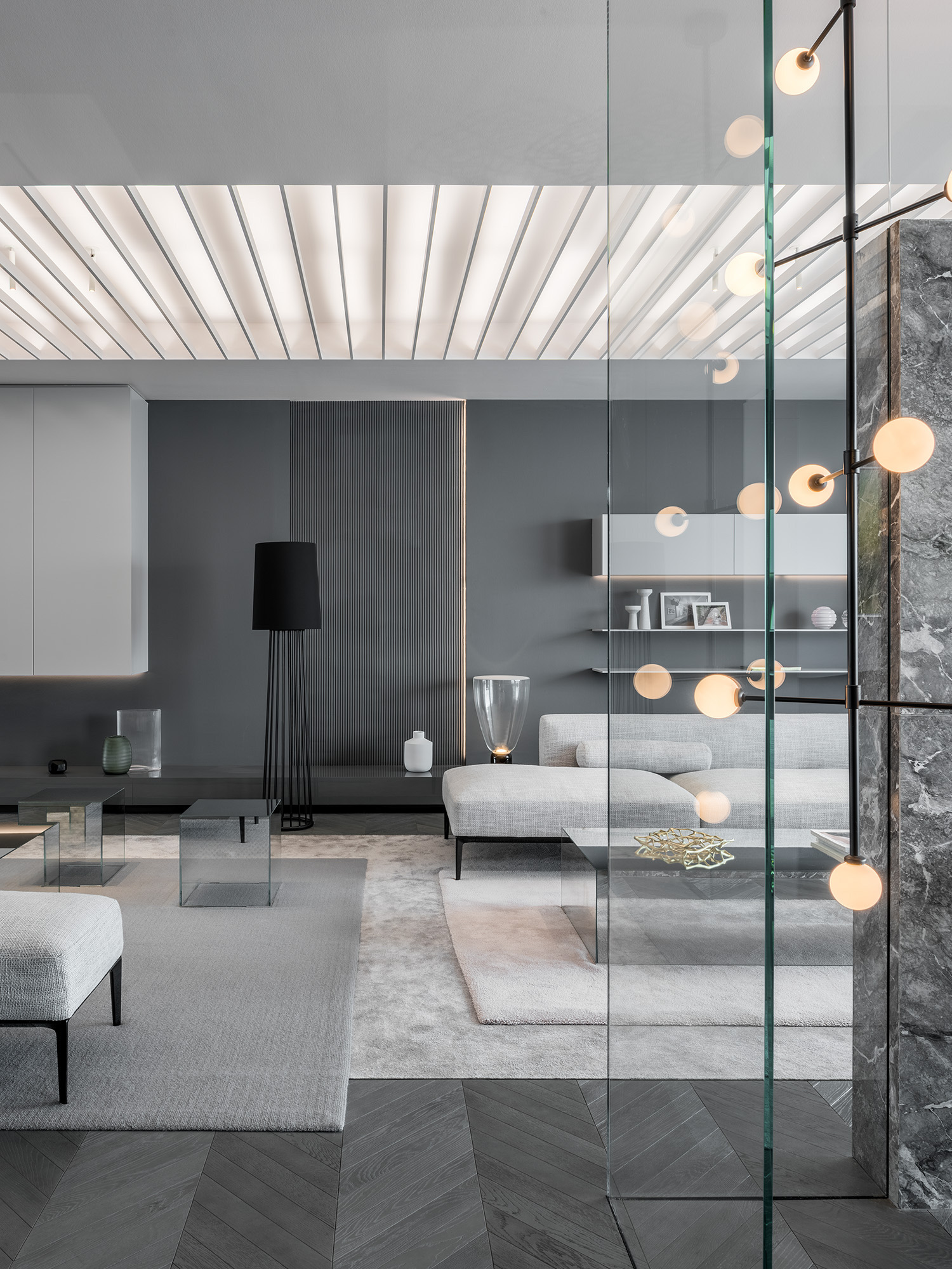 Shades of Grey Apartment Interior Design Shanghai, China – Ippolito Fleitz Group – Living Room Detail