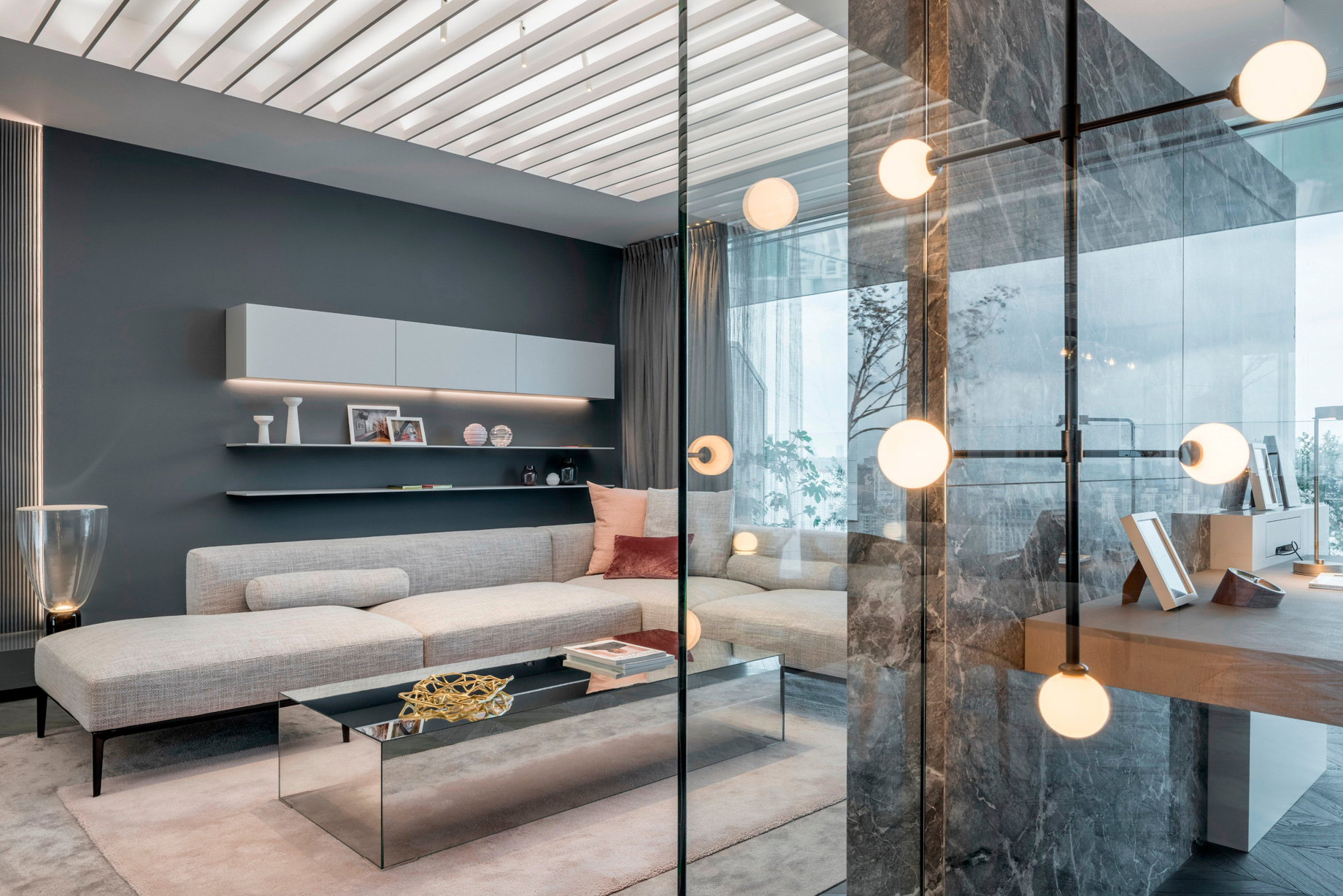 Shades of Grey Apartment Interior Design Shanghai, China – Ippolito Fleitz Group – Living Room Glass Wall