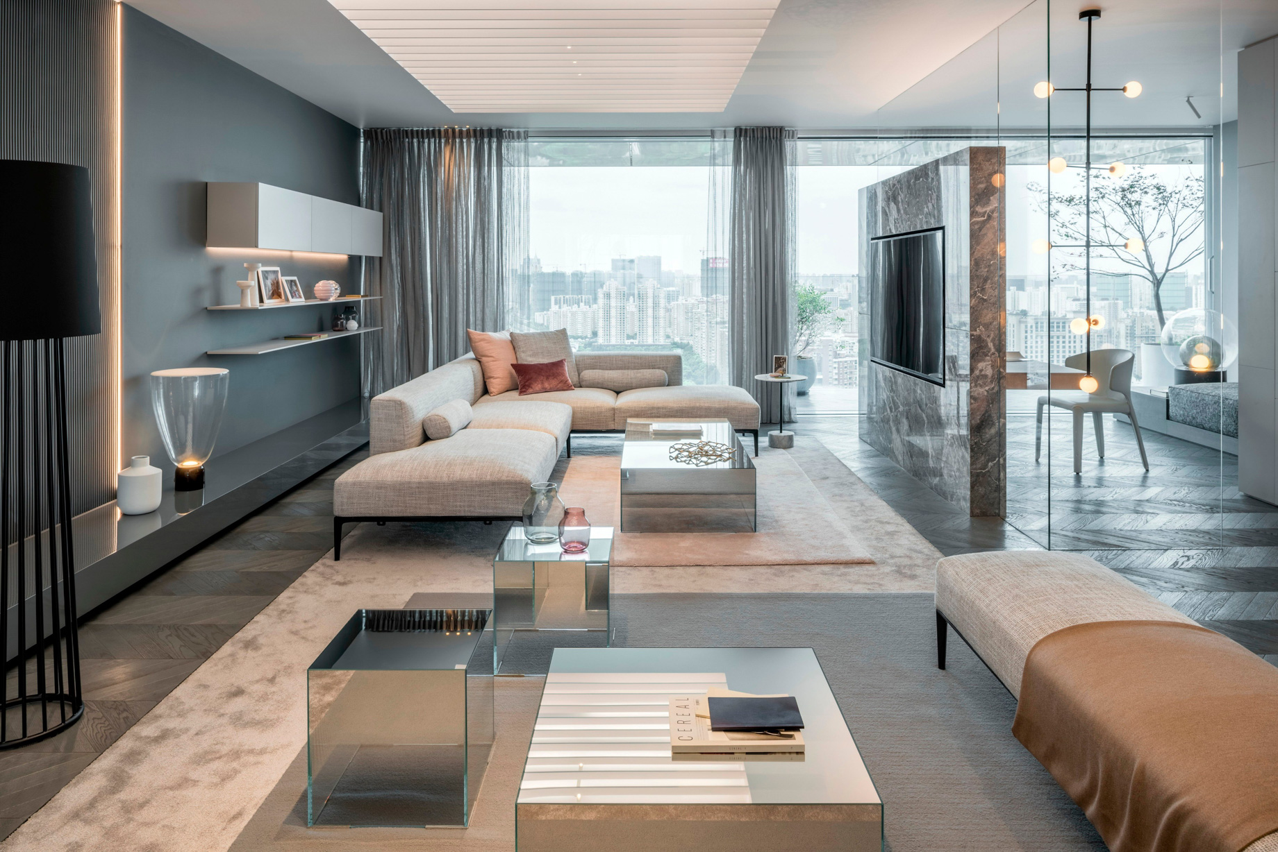Shades of Grey Apartment Interior Design Shanghai, China – Ippolito Fleitz Group – Living Room Area Rug