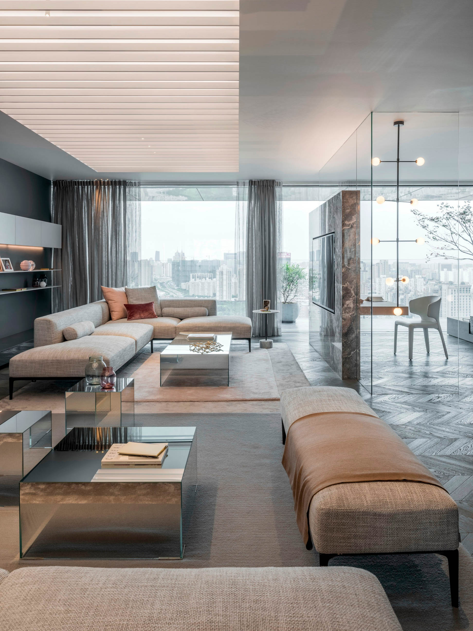 Shades of Grey Apartment Interior Design Shanghai, China - Ippolito Fleitz Group - Living Room Ceiling Detail