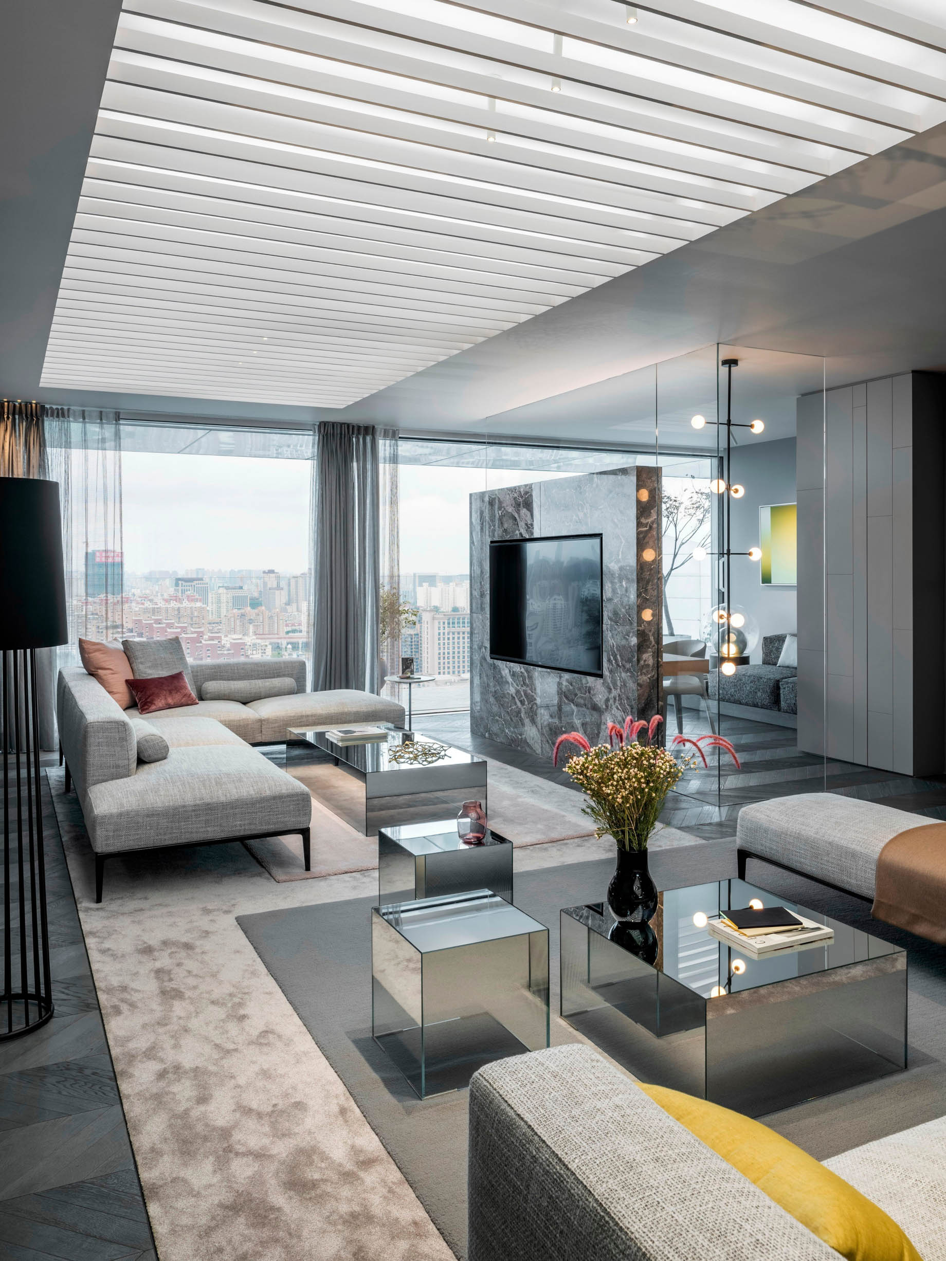 Shades of Grey Apartment Interior Design Shanghai, China – Ippolito Fleitz Group – Living Room TV Wall