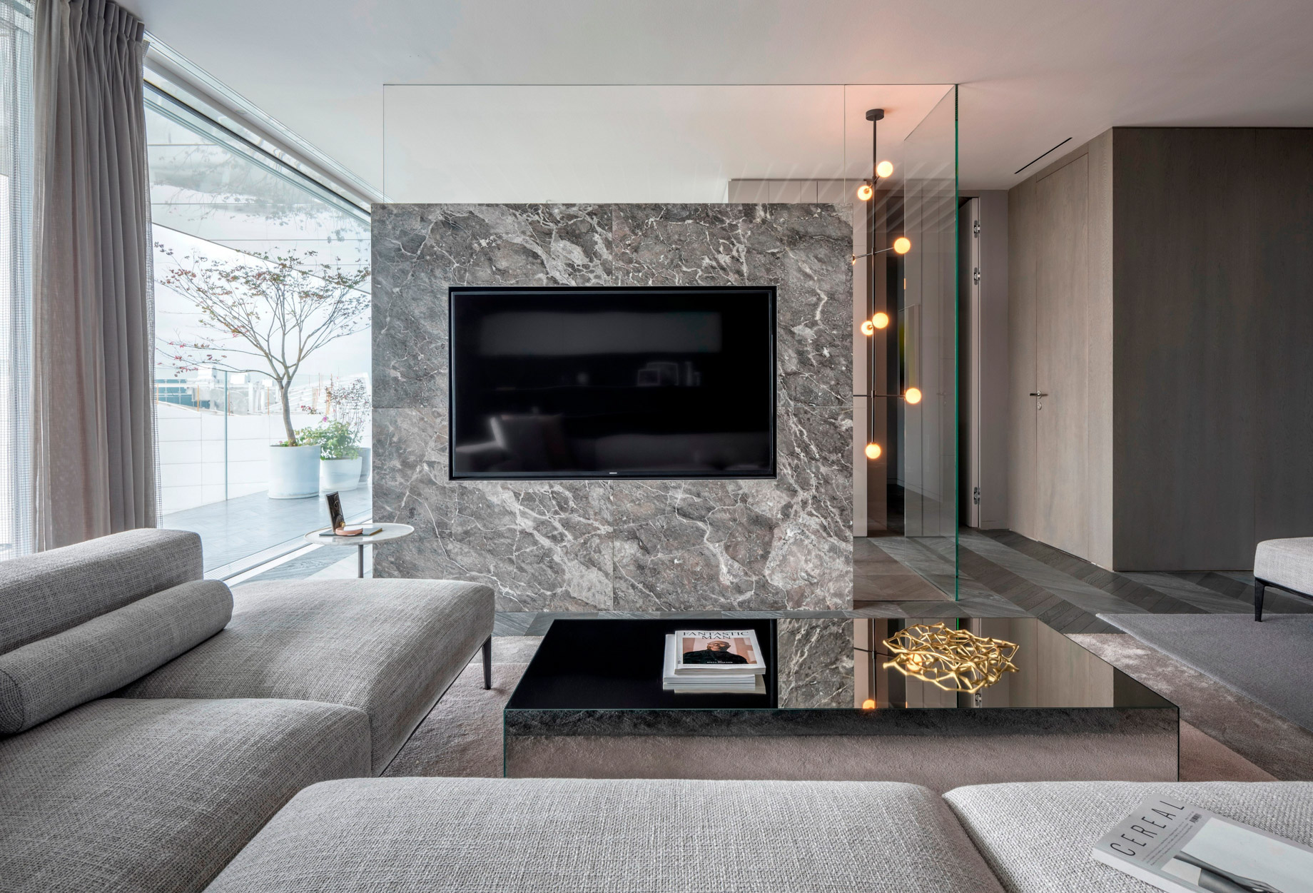 Shades of Grey Apartment Interior Design Shanghai, China - Ippolito Fleitz Group - Living Room Wall TV Insert