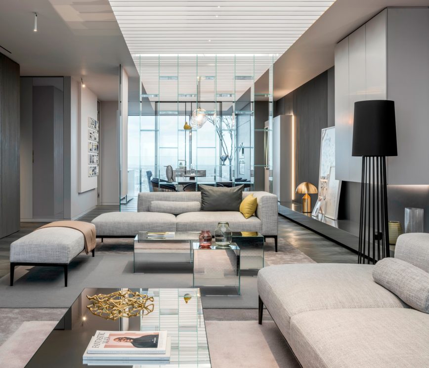 Shades of Grey Apartment Interior Design Shanghai, China - Ippolito Fleitz Group - Living Room View