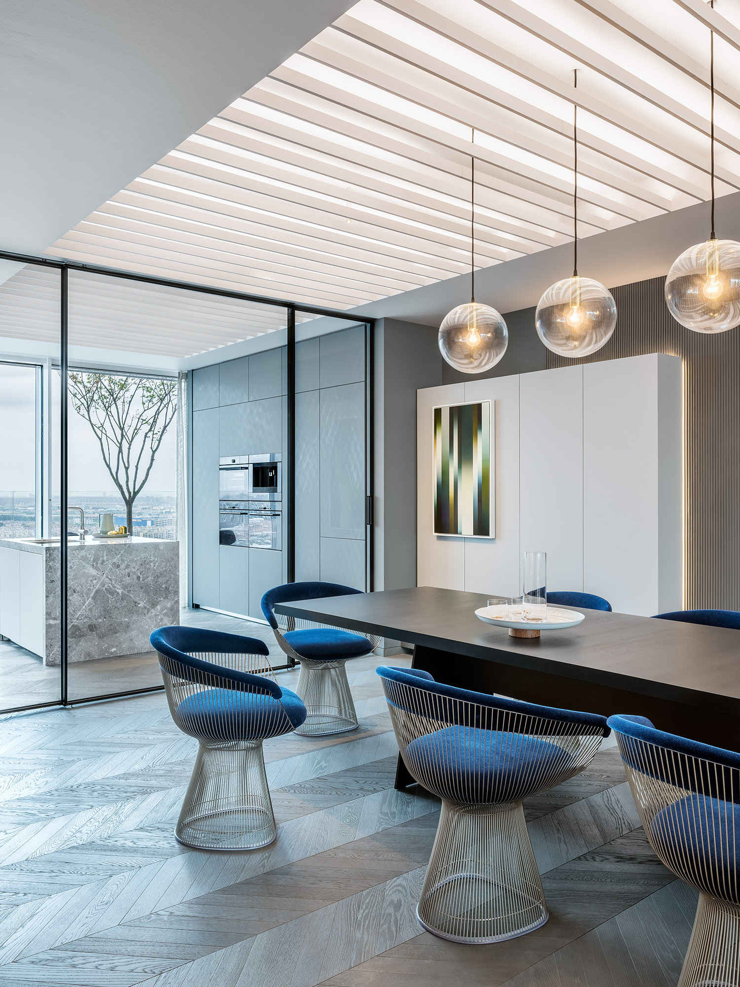 Shades of Grey Apartment Interior Design Shanghai, China - Ippolito Fleitz Group - Dining Table Kitchen View