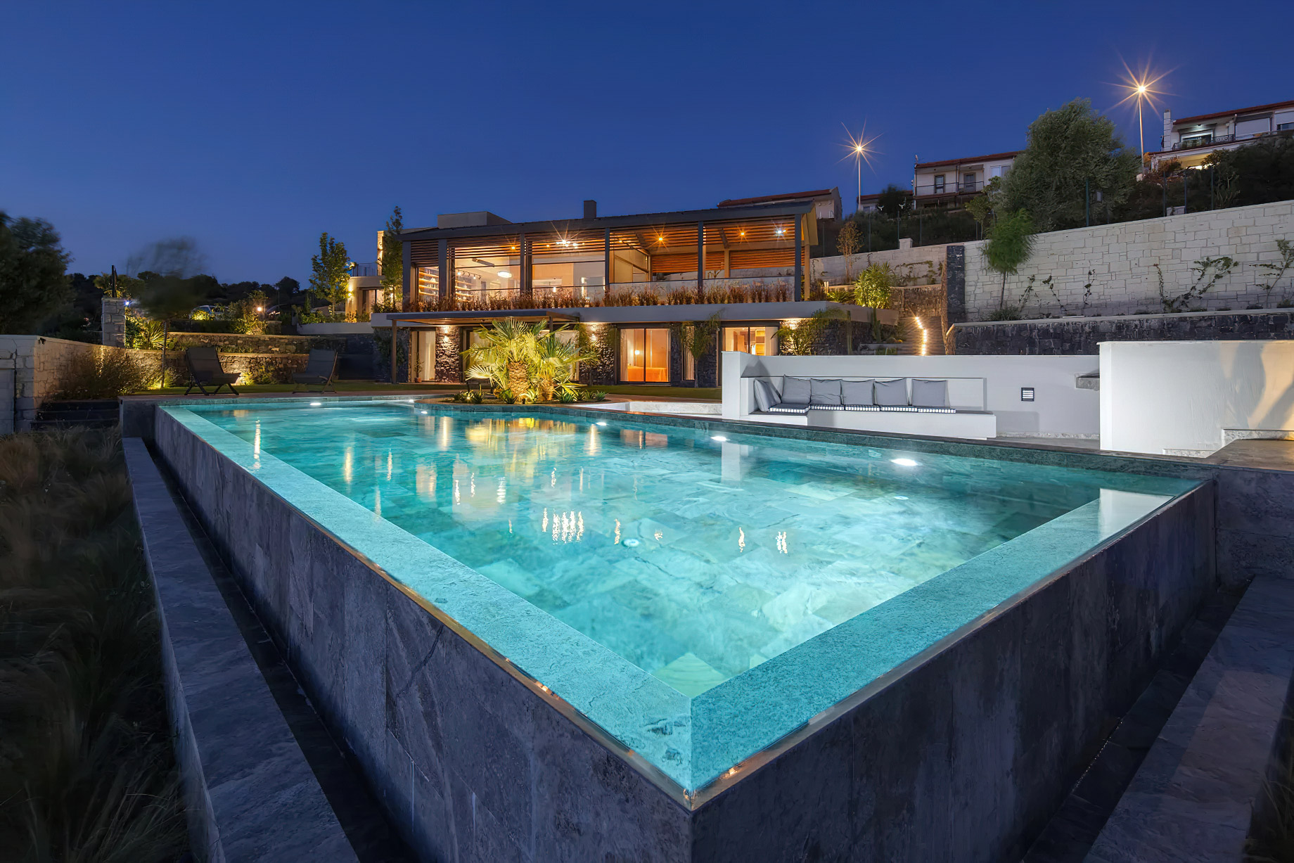 Villa Juss Modern Mediterranean Residence - Izmir, Turkey - Exterior Pool View Night