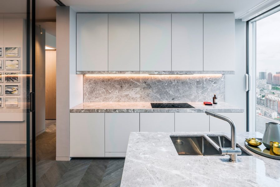 Shades of Grey Apartment Interior Design Shanghai, China - Ippolito Fleitz Group - Kitchen Counter Tops