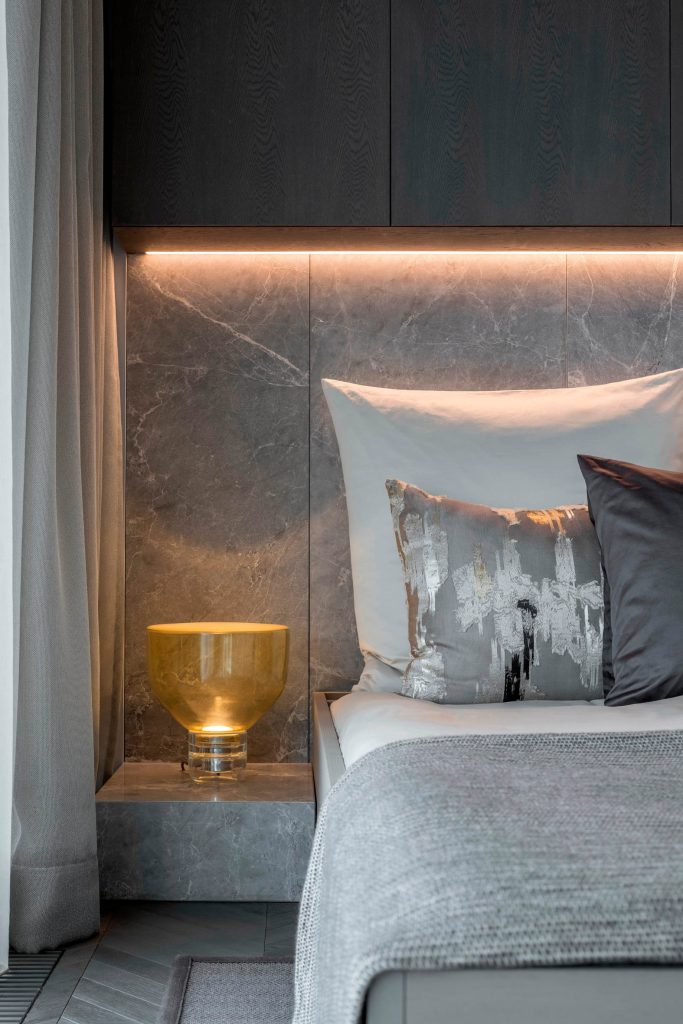 Shades of Grey Apartment Interior Design Shanghai, China - Ippolito Fleitz Group - Bedroom Headboard Mood Lighting