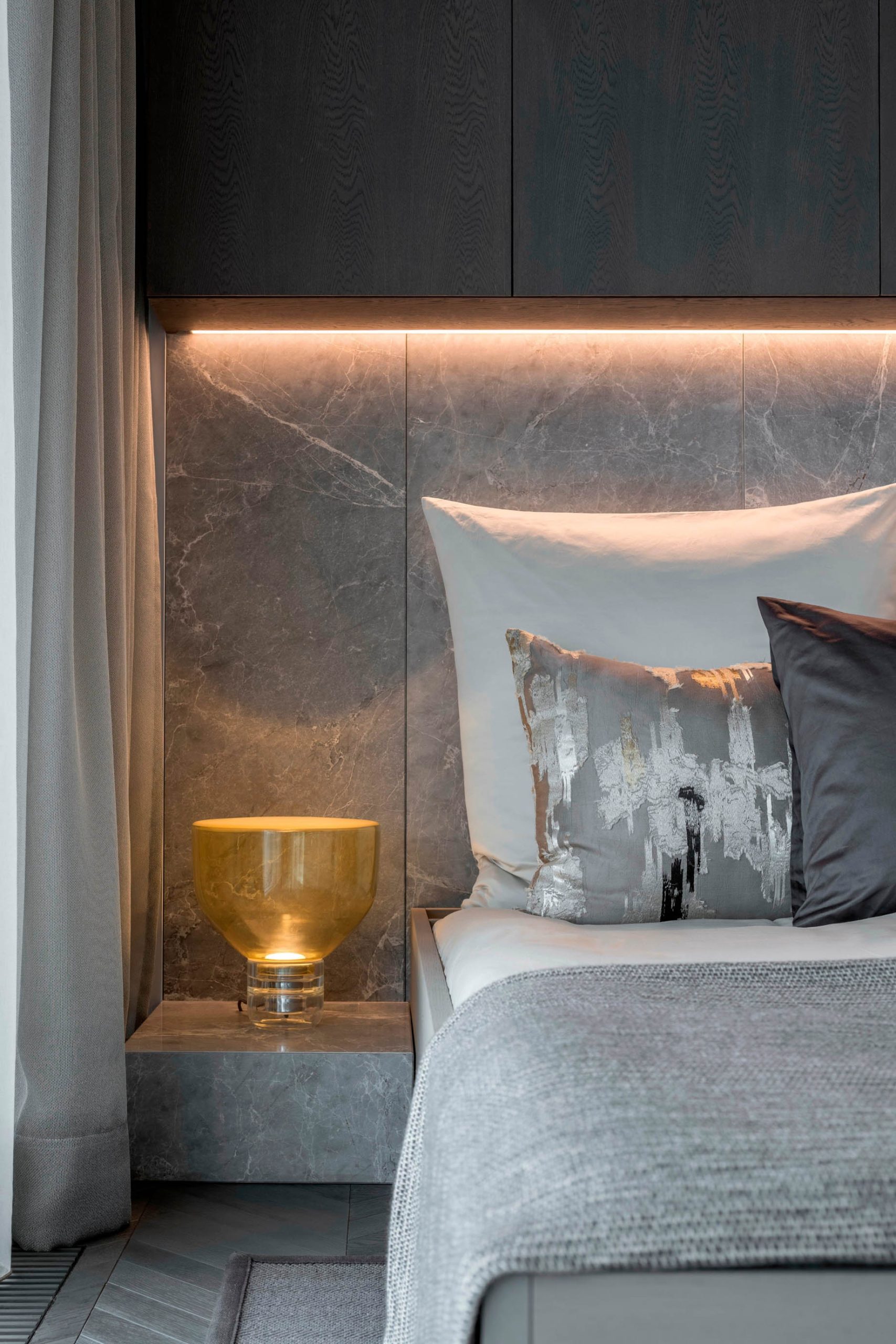 Shades of Grey Apartment Interior Design Shanghai, China – Ippolito Fleitz Group – Bedroom Headboard Mood Lighting
