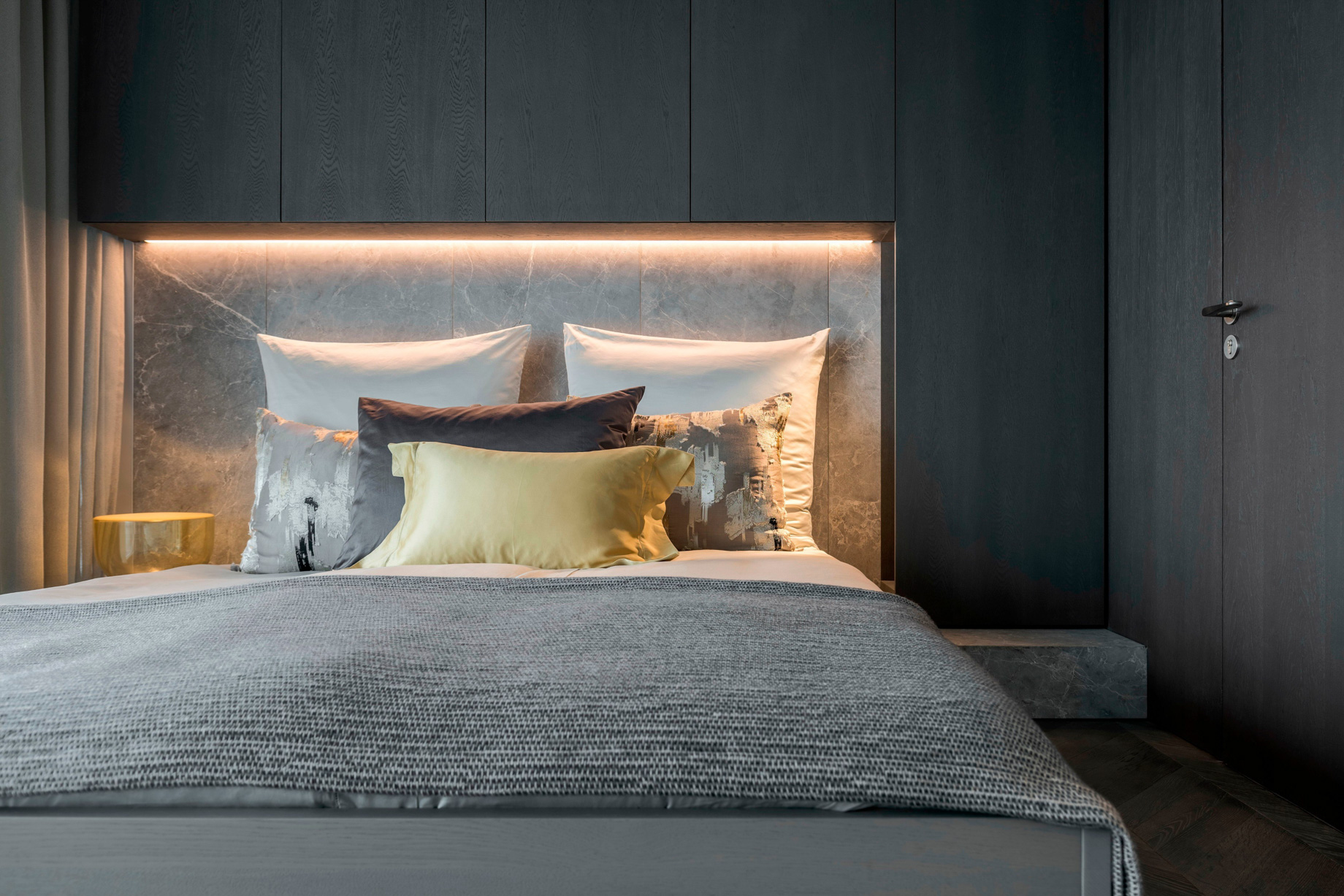 Shades of Grey Apartment Interior Design Shanghai, China – Ippolito Fleitz Group – Bed Headboard Mood Lighting