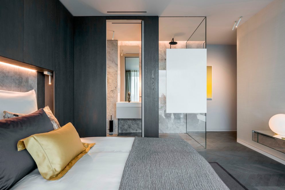 Shades of Grey Apartment Interior Design Shanghai, China - Ippolito Fleitz Group - Bedroom Glass Bathroom Wall Detail