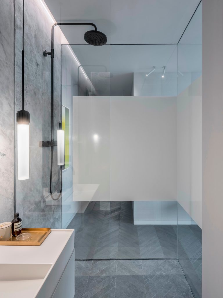 Shades of Grey Apartment Interior Design Shanghai, China - Ippolito Fleitz Group - Bathroom Glass Shower