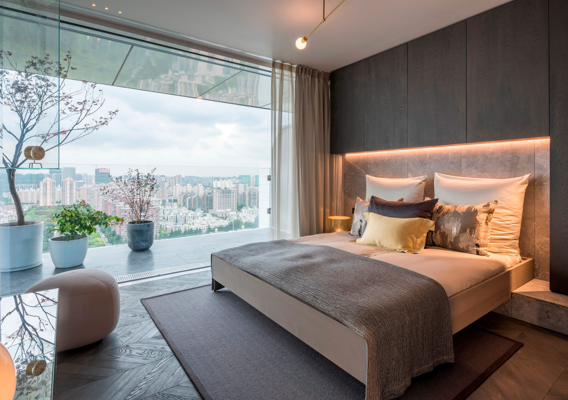 Shades of Grey Apartment Interior Design Shanghai, China - Ippolito Fleitz Group - Bedroom Floor to Ceiling Window View