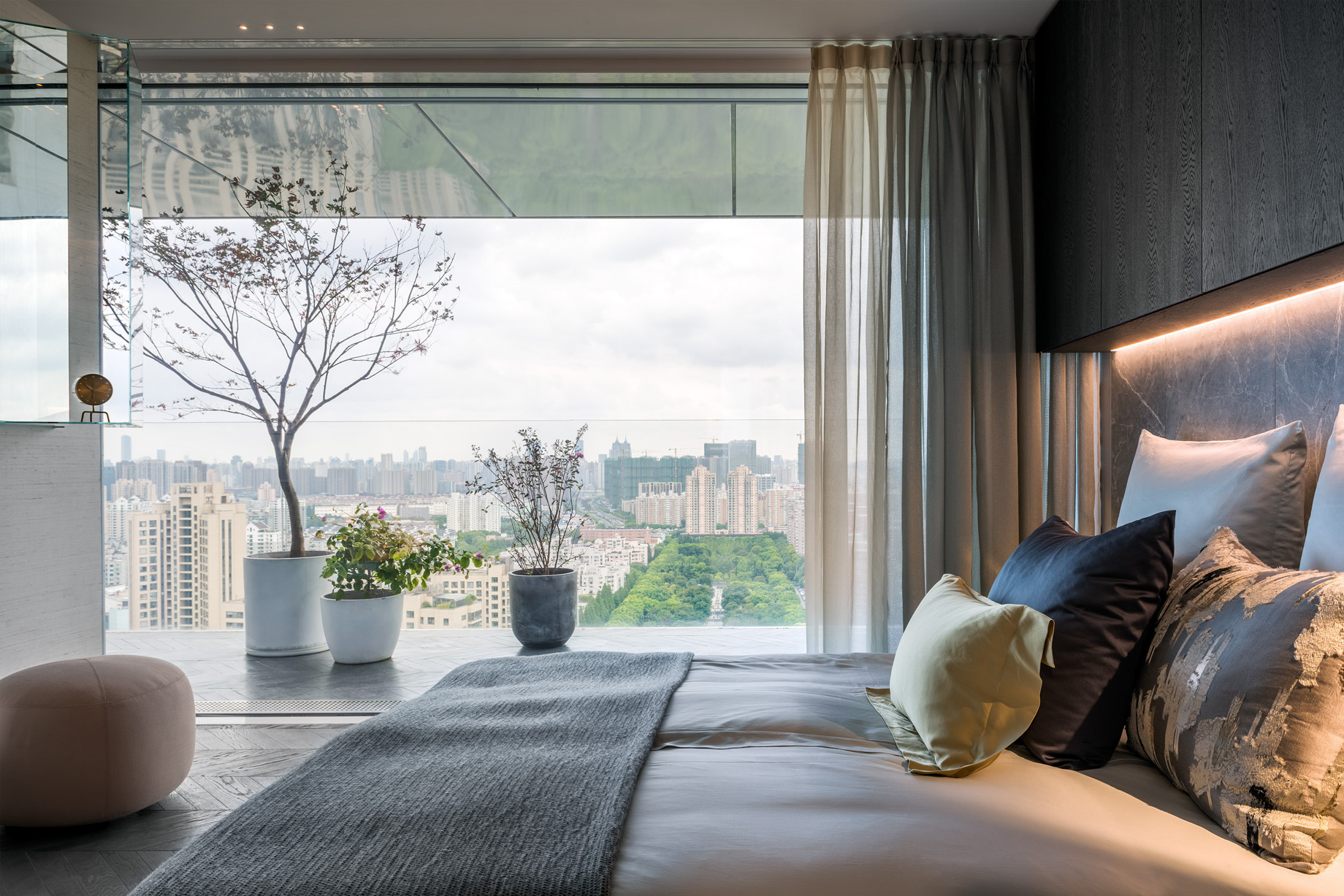 Shades of Grey Apartment Interior Design Shanghai, China - Ippolito Fleitz Group - Bedroom Floor to Ceiling Window