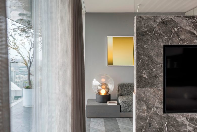 Shades of Grey Apartment Interior Design Shanghai, China - Ippolito Fleitz Group - Marble Wall Room Divider
