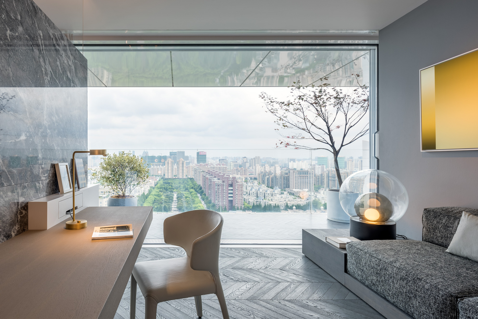 Shades of Grey Apartment Interior Design Shanghai, China - Ippolito Fleitz Group - Office Floor to Ceiling Window View