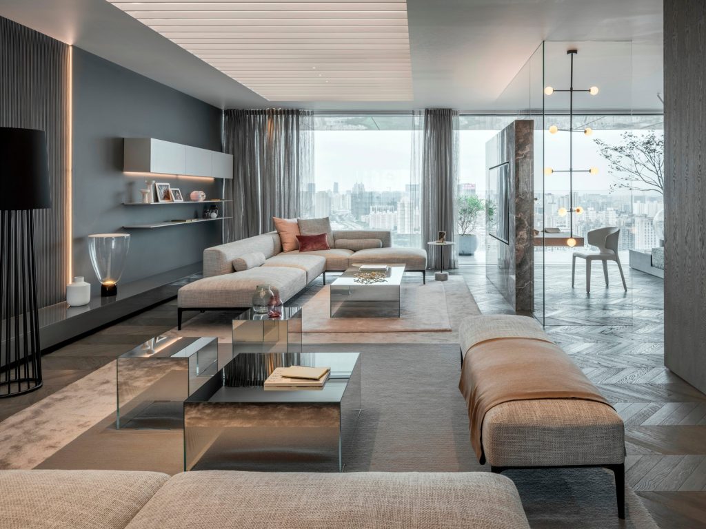 Shades of Grey Apartment Interior Design Shanghai, China - Ippolito Fleitz Group - Living Room Floor to Ceiling Window View