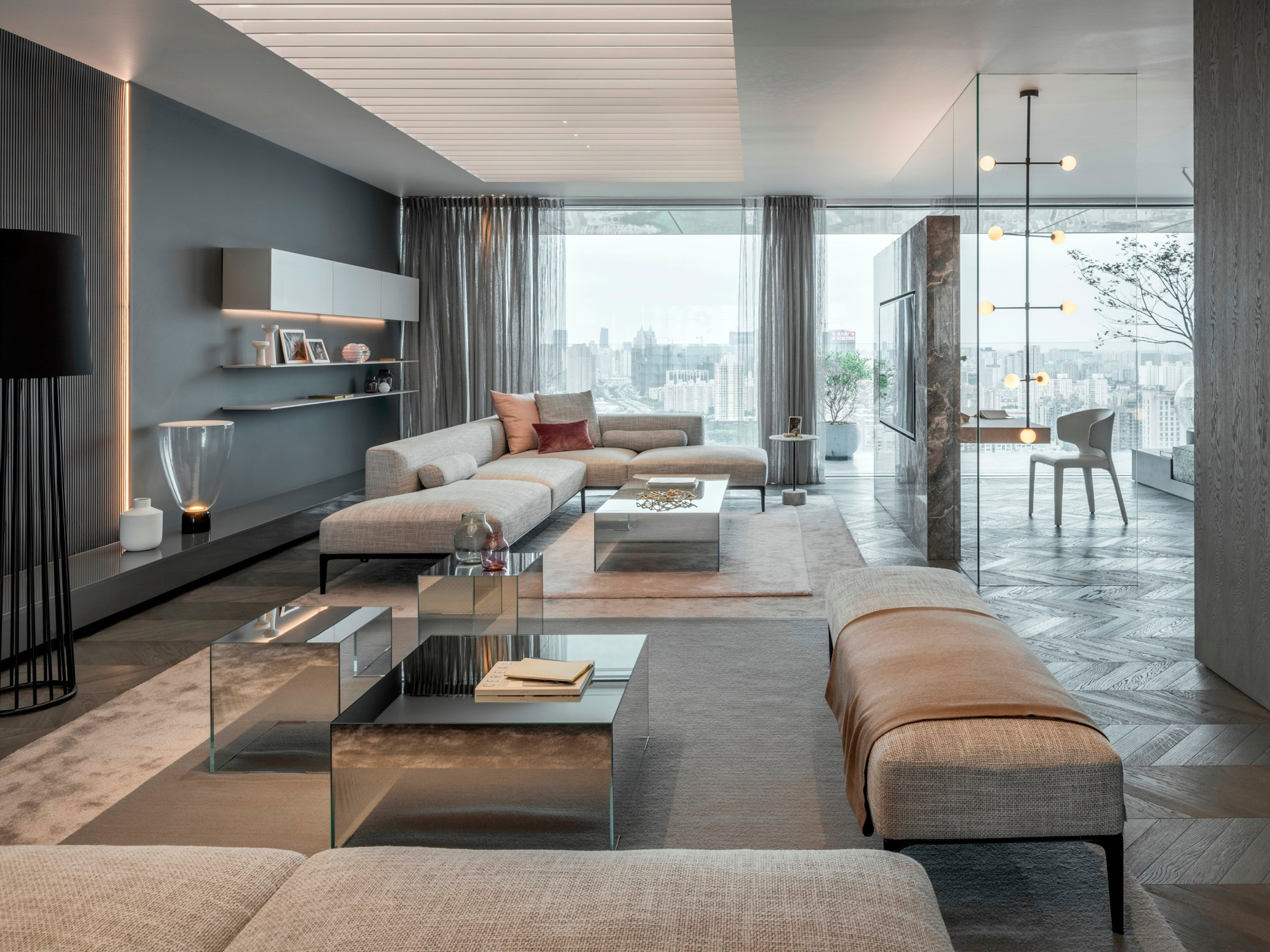 Shades of Grey Apartment Interior Design Shanghai, China – Ippolito Fleitz Group – Living Room Floor to Ceiling Window View