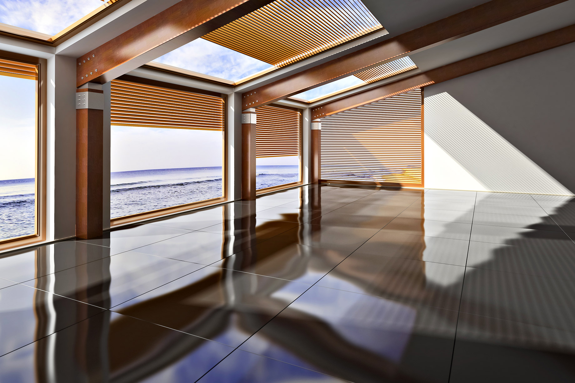 Seafront Home with Skylight Blinds
