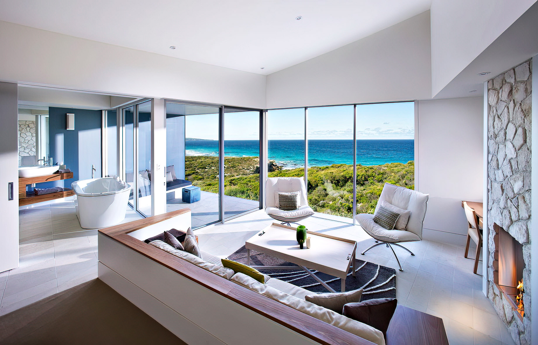 Southern Ocean Lodge - Kangaroo Island, Australia - Living Room and Bathroom