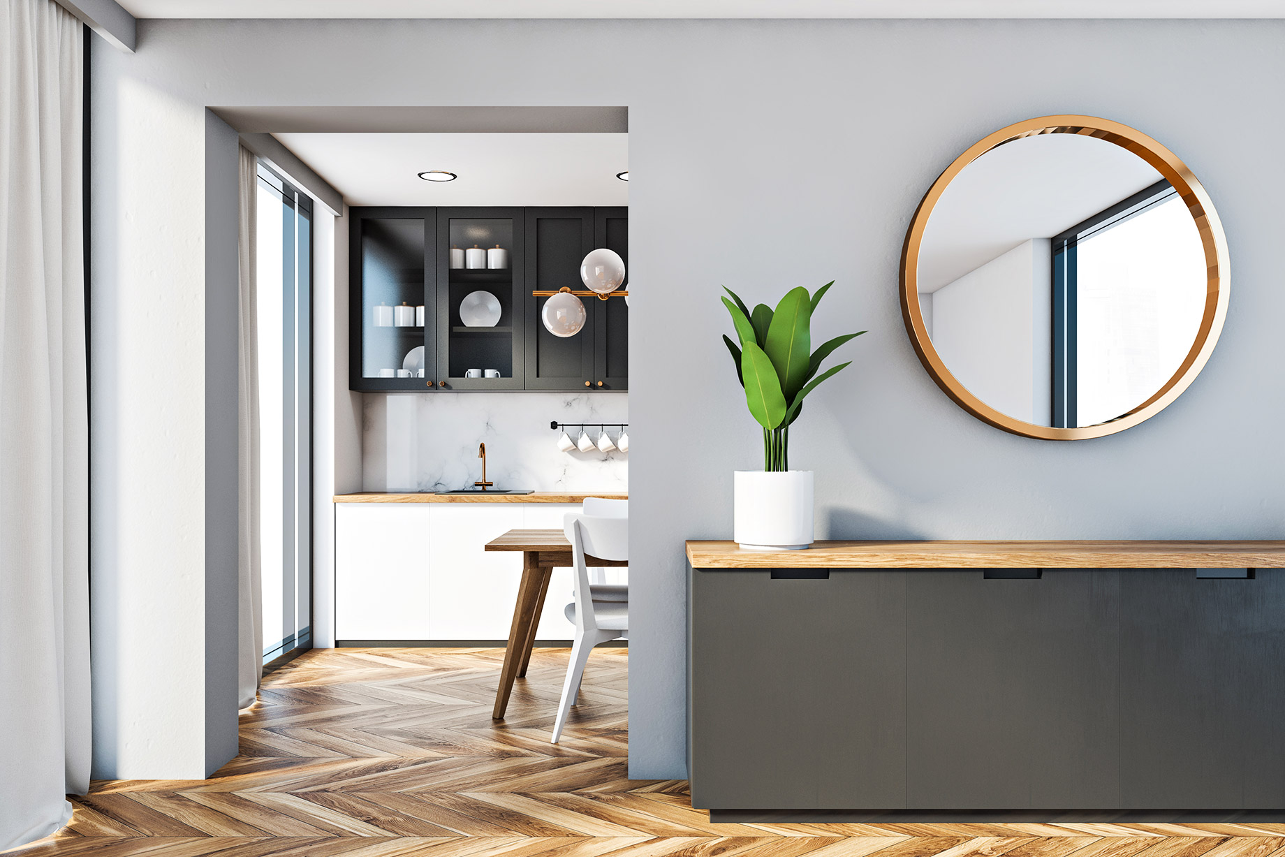 Minimalist Modern Dining Room with Credenza and Mirror - Sideboard Furniture